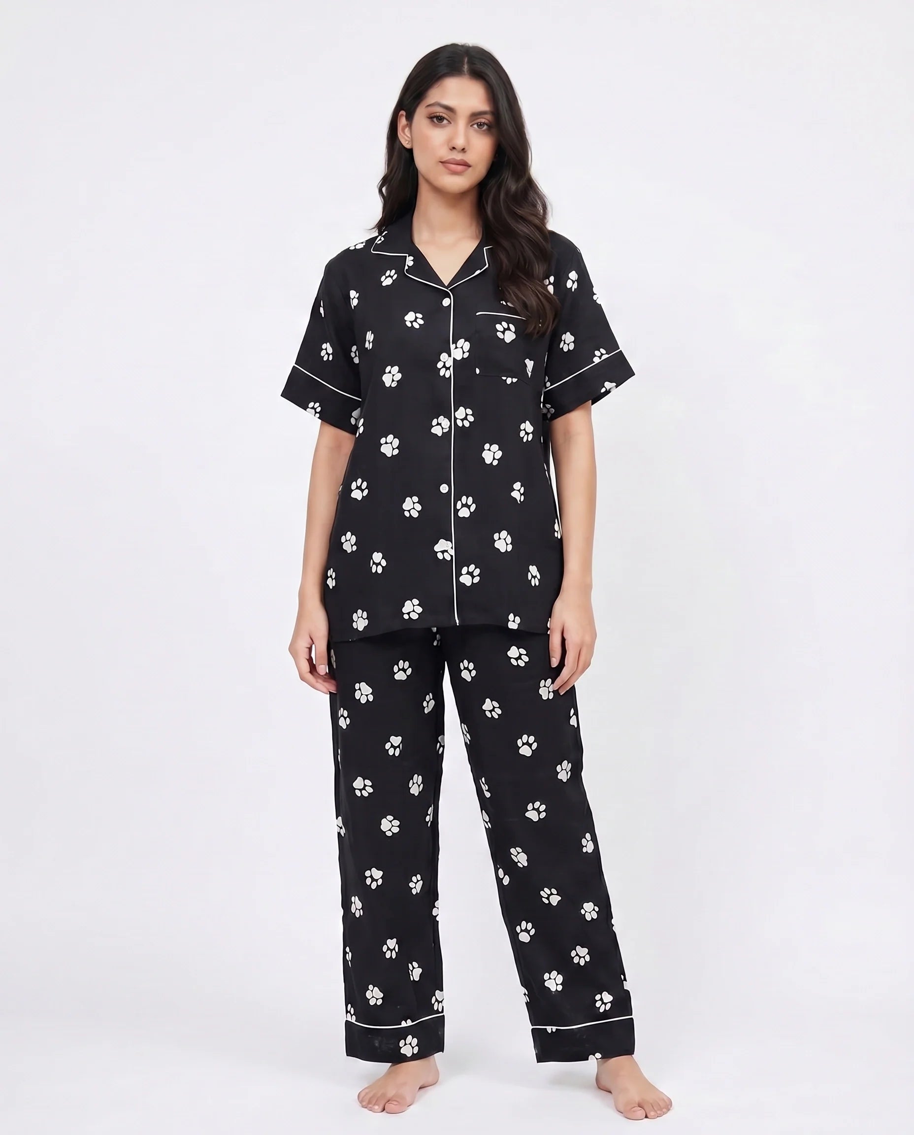 Sajiero Linen Pajama Suit Pawsette Black