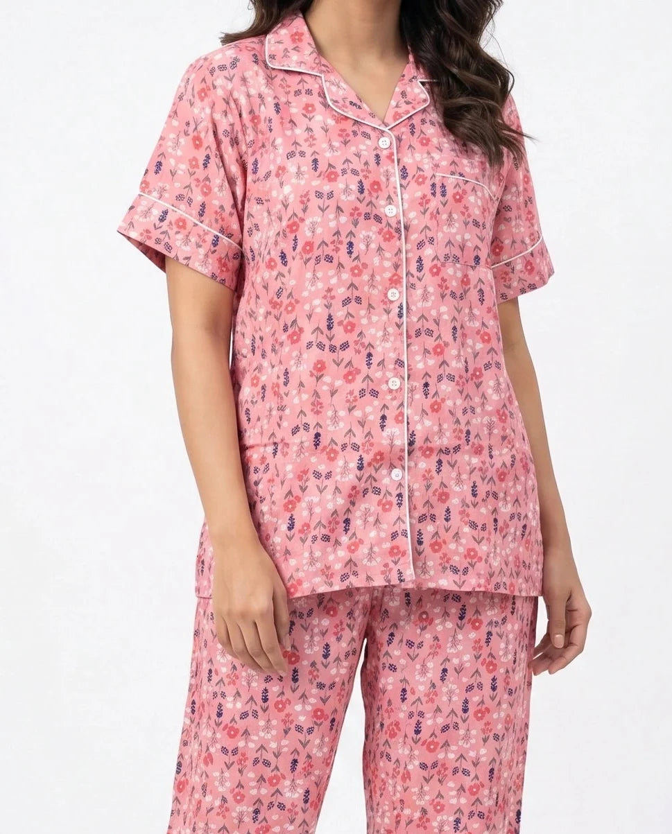 Sajiero Linen Pajama Suit Rosy Meadow