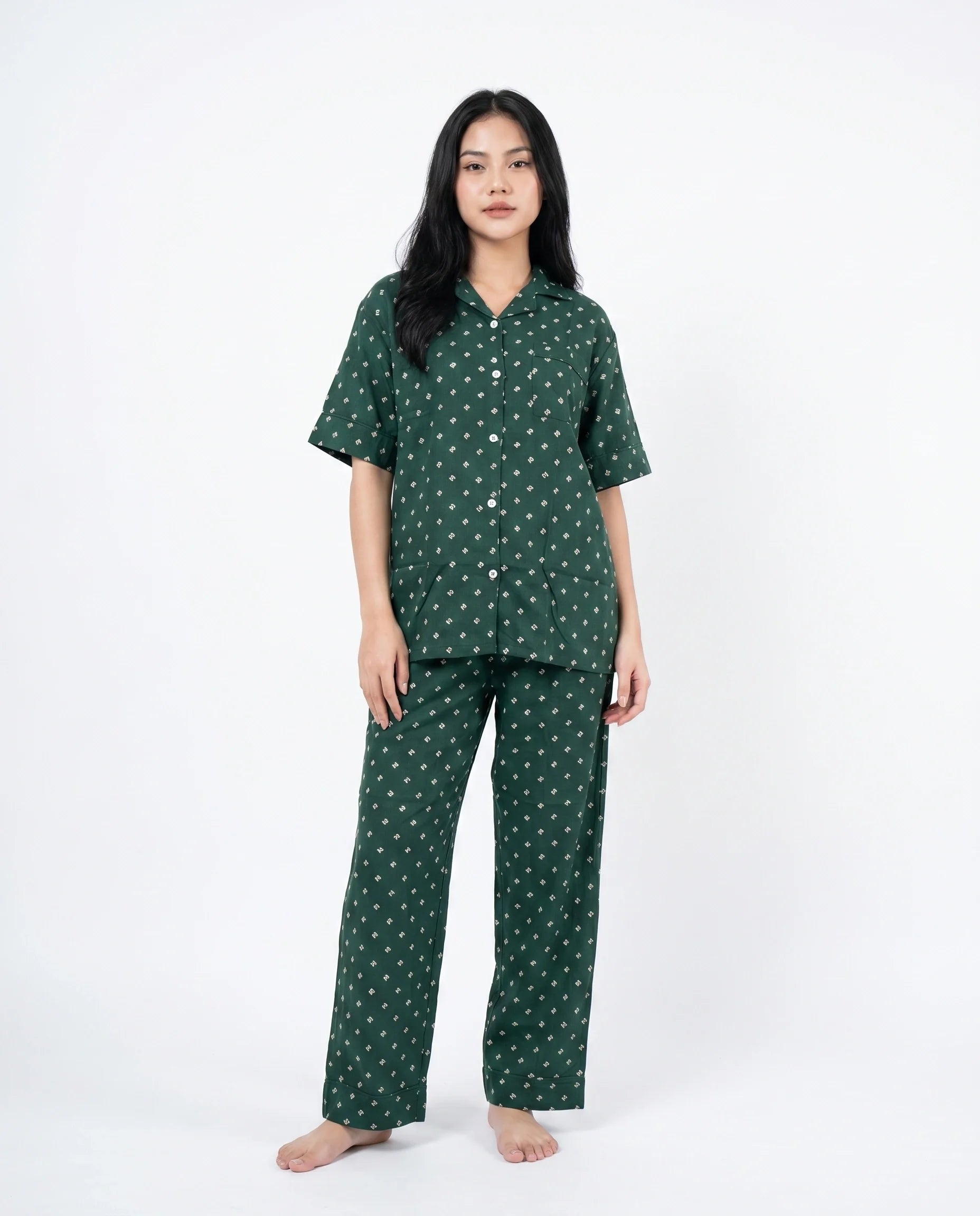 Sajiero Linen Pajama Suit Emerald Bloom