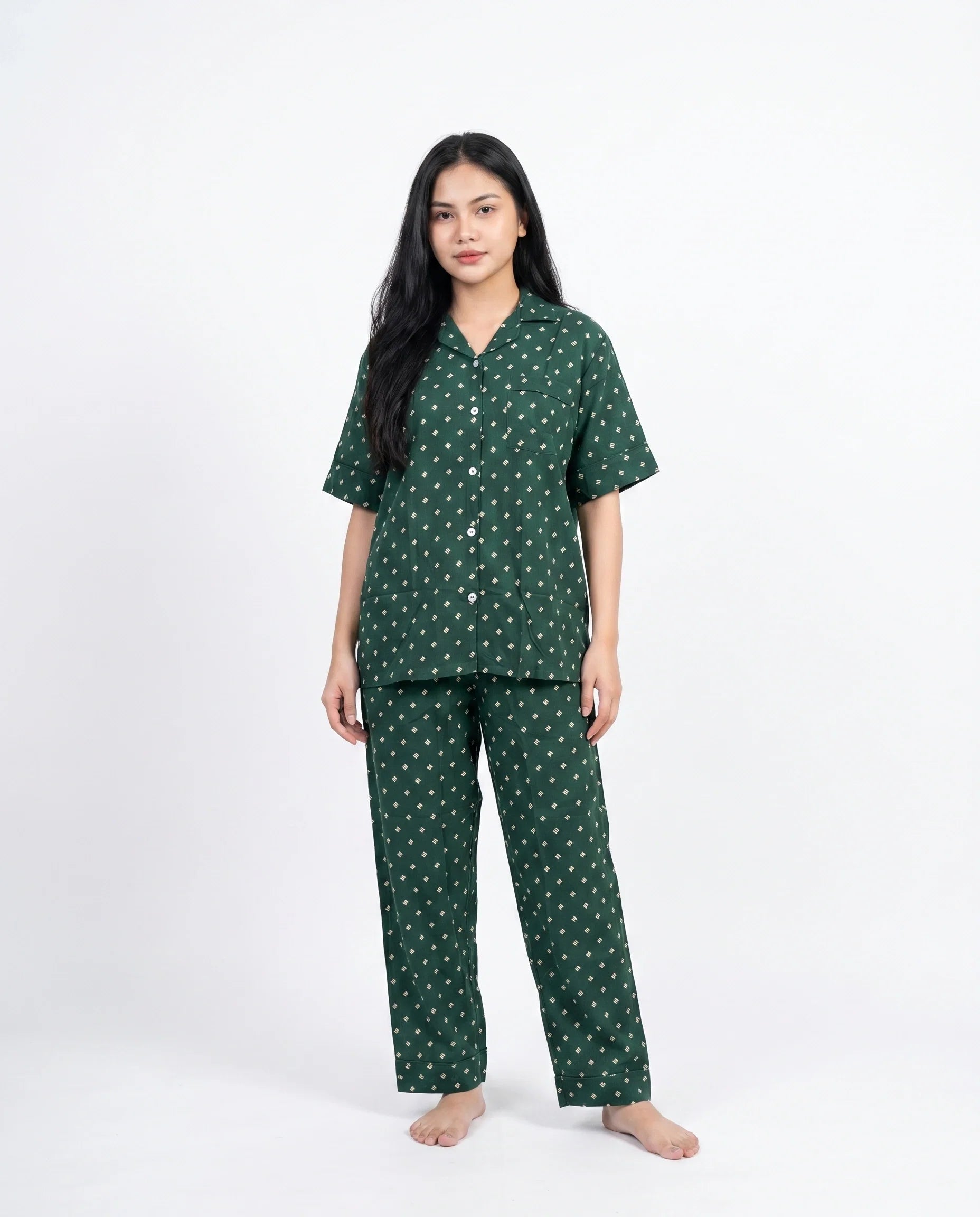 Sajiero Linen Pajama Suit Emerald Bloom