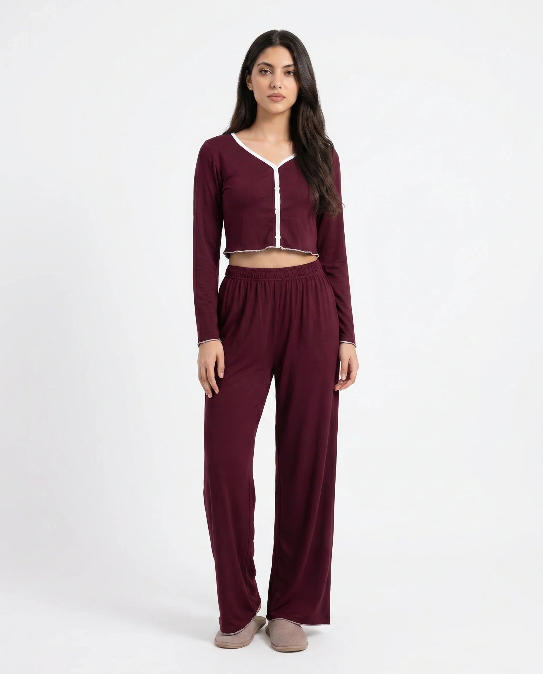 Sajiero Cotton PJ Set Velour Maroon