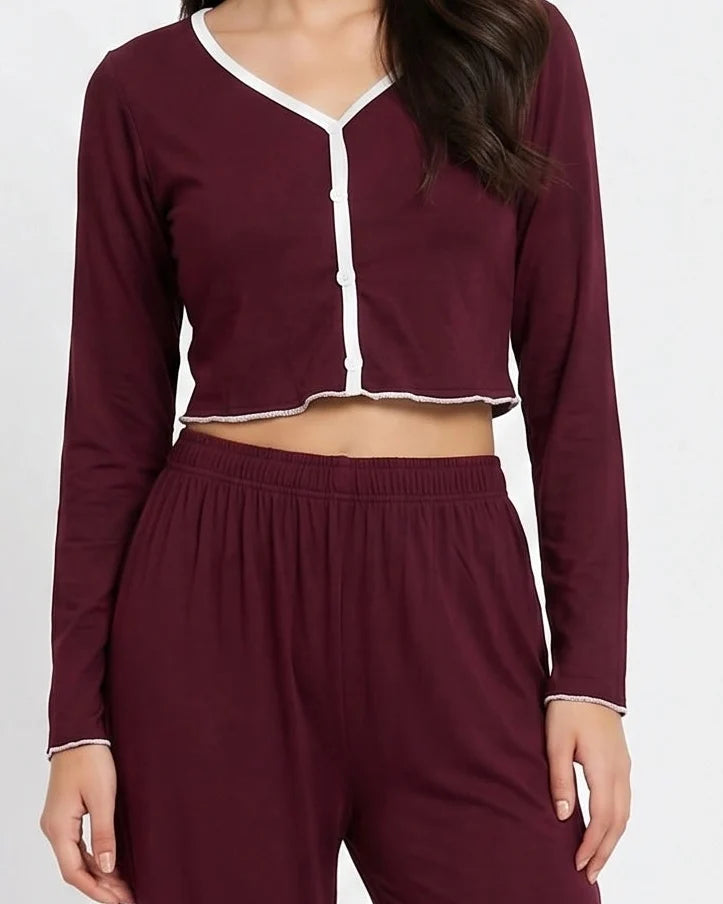 Sajiero Cotton PJ Set Velour Maroon