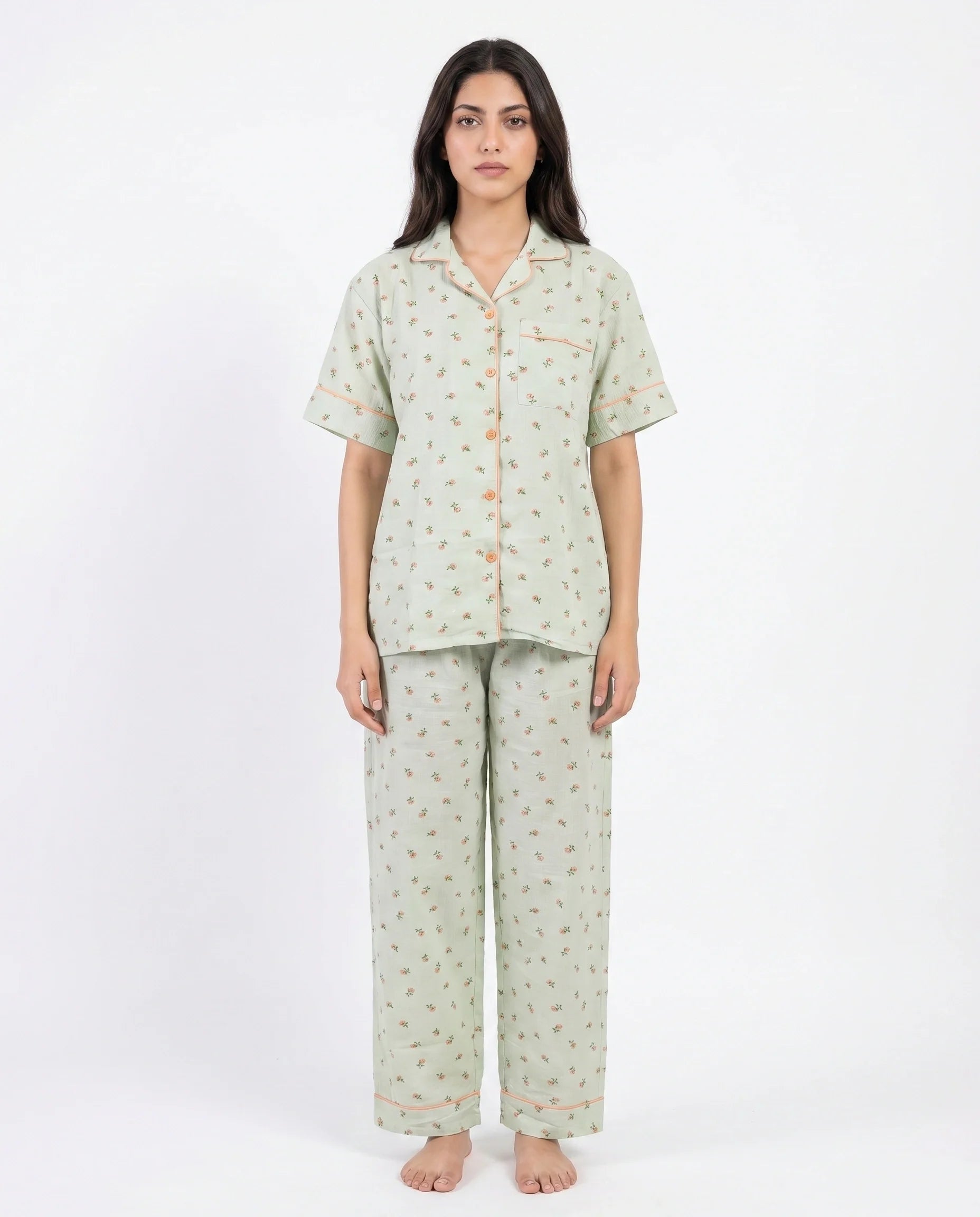 Sajiero Summer Crinkled Pajama Suit Flora Green