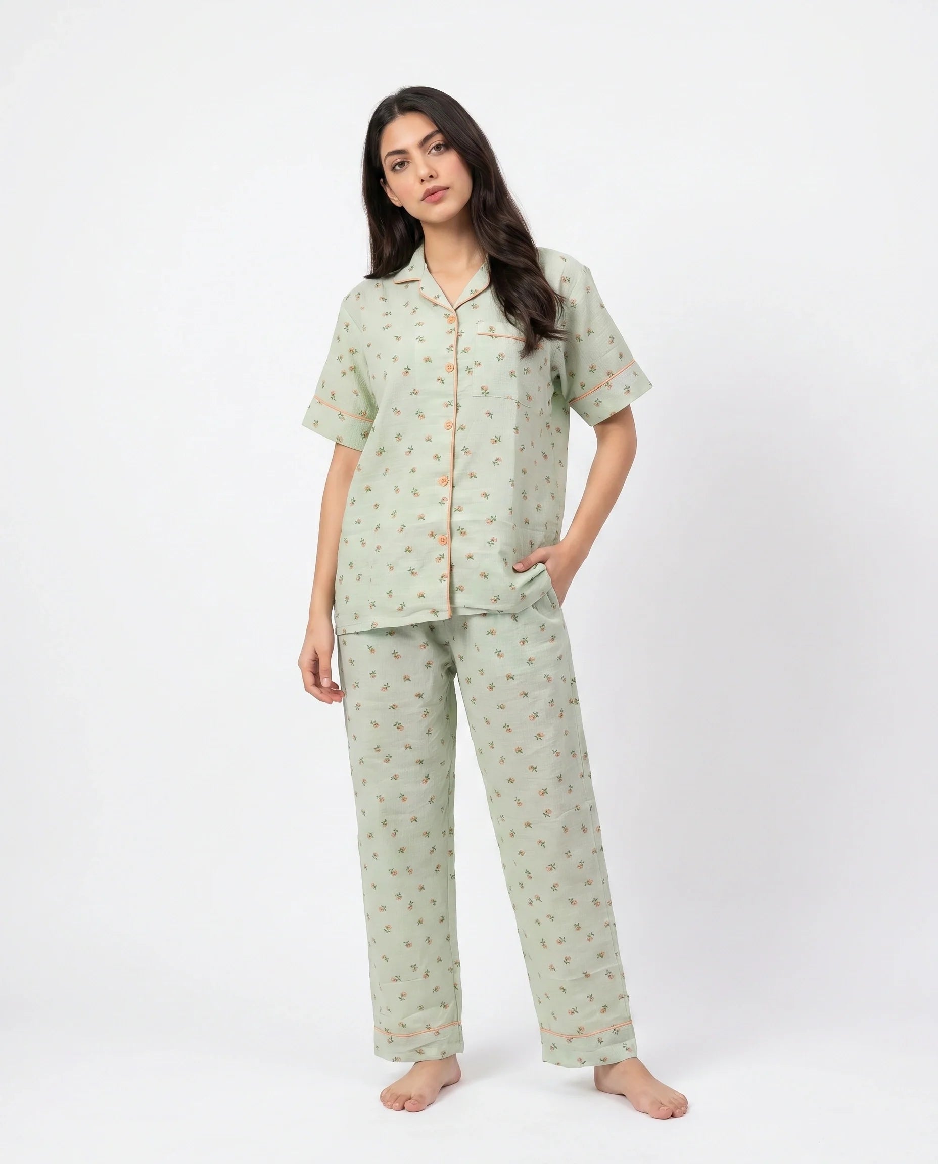 Sajiero Summer Crinkled Pajama Suit Flora Green