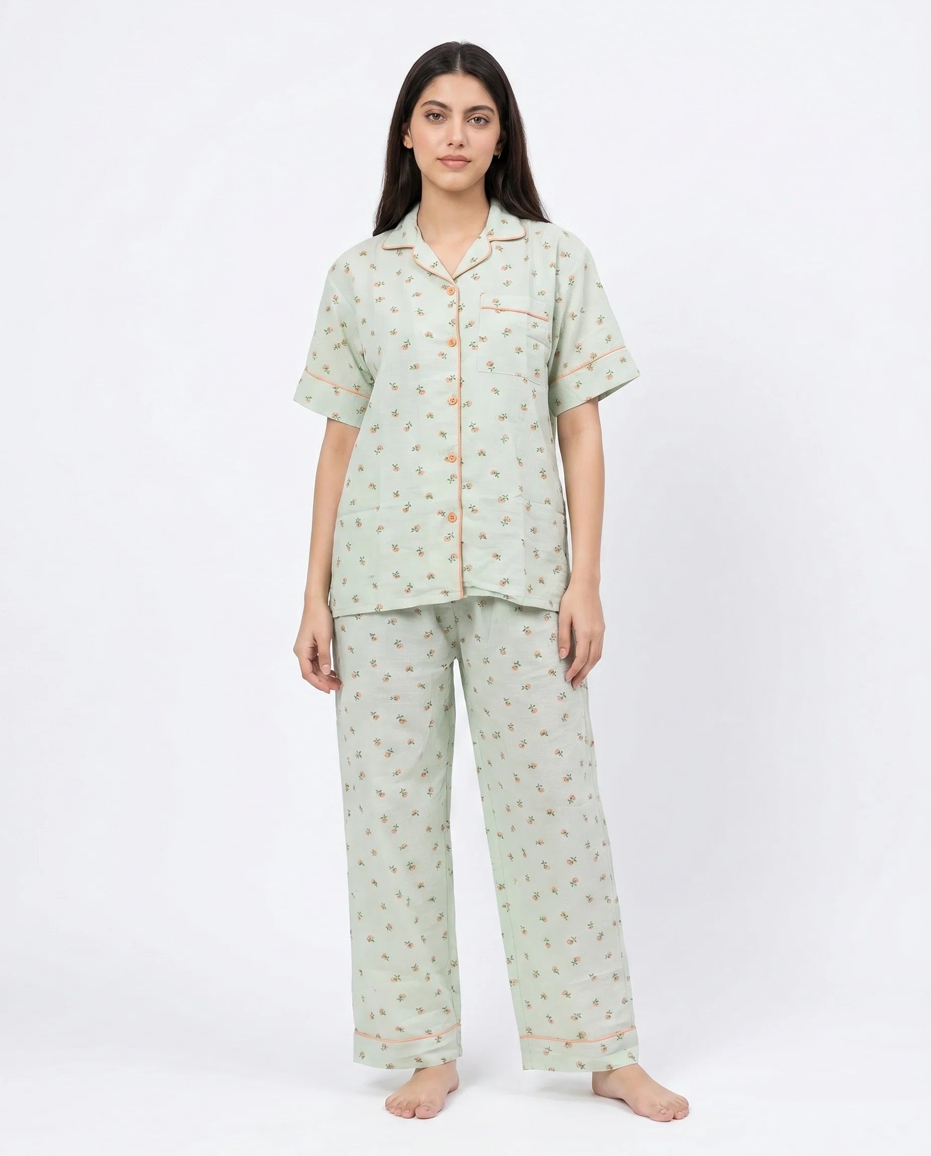 Sajiero Summer Crinkled Pajama Suit Flora Green