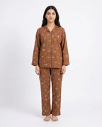 Sajiero Linen Pajama Suit Mocha Flora