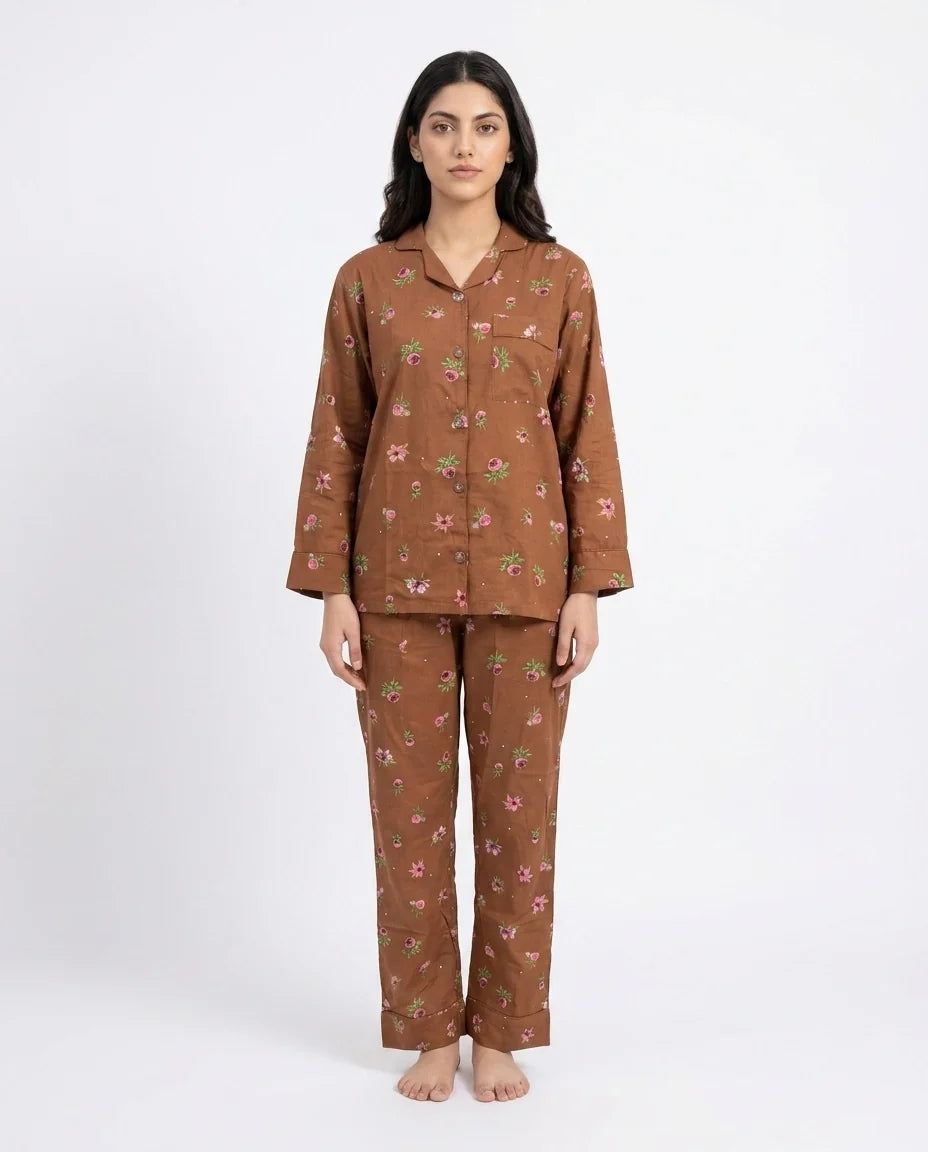 Sajiero Linen Pajama Suit Mocha Flora