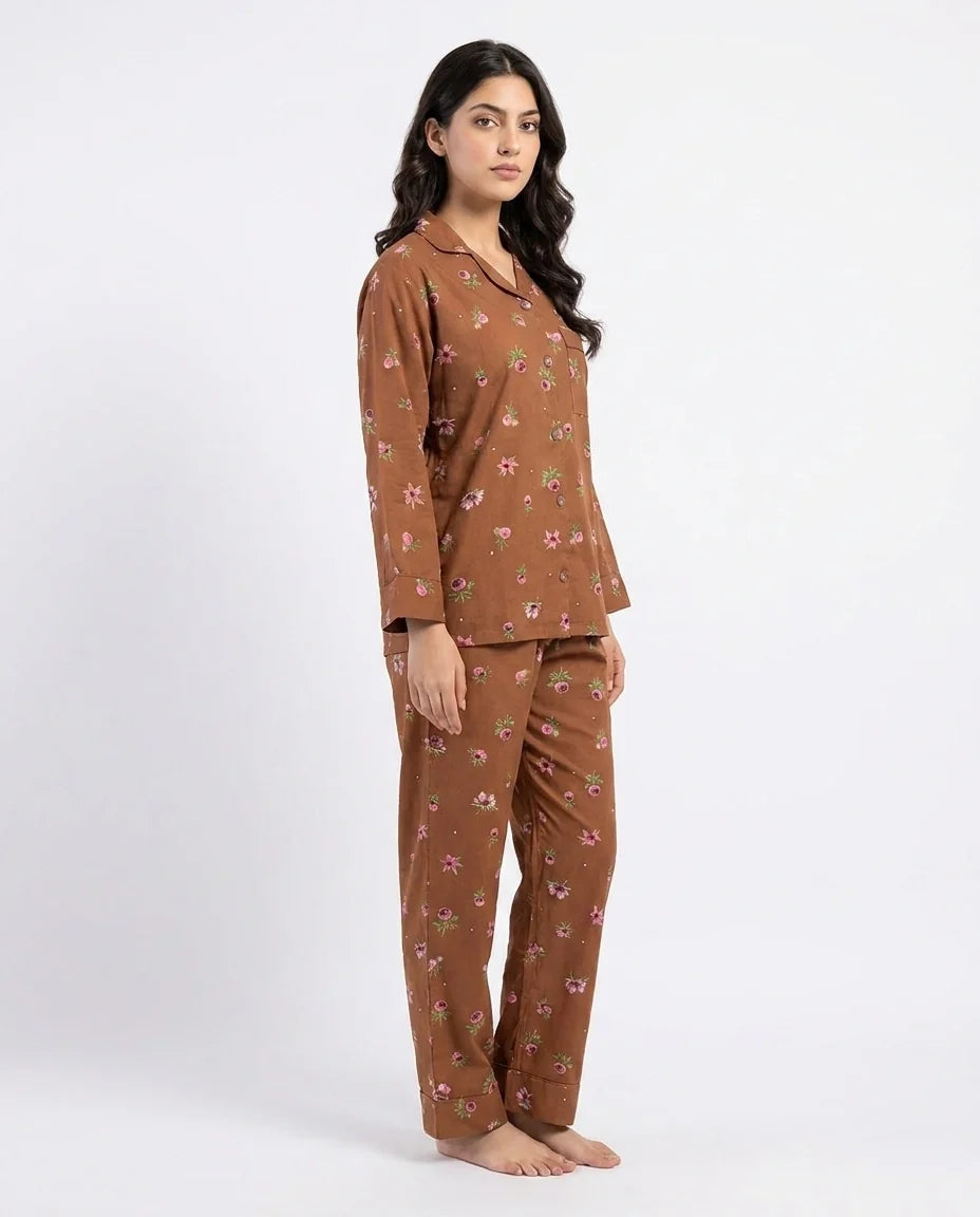 Sajiero Linen Pajama Suit Mocha Flora