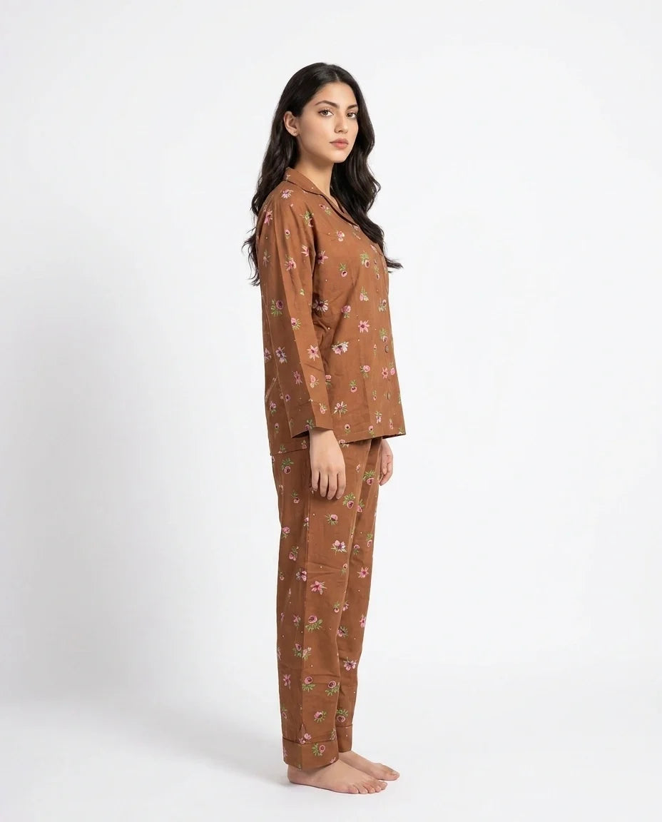 Sajiero Linen Pajama Suit Mocha Flora