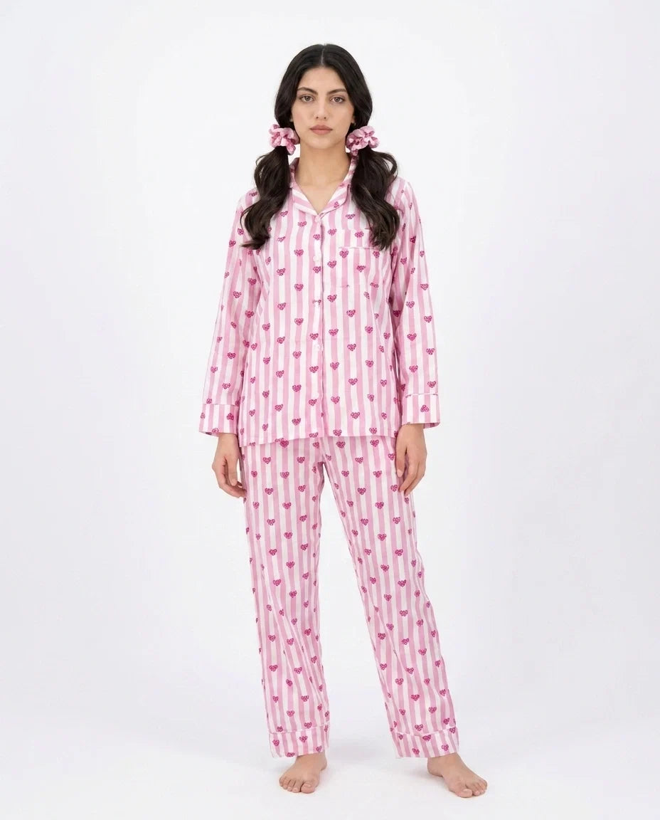 Sajiero Linen Pajama Suit Heart Stripe