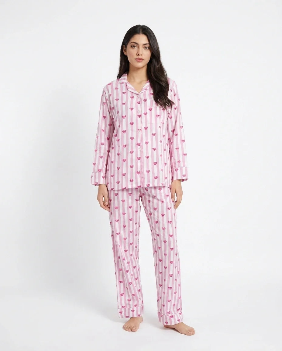 Sajiero Linen Pajama Suit Heart Stripe