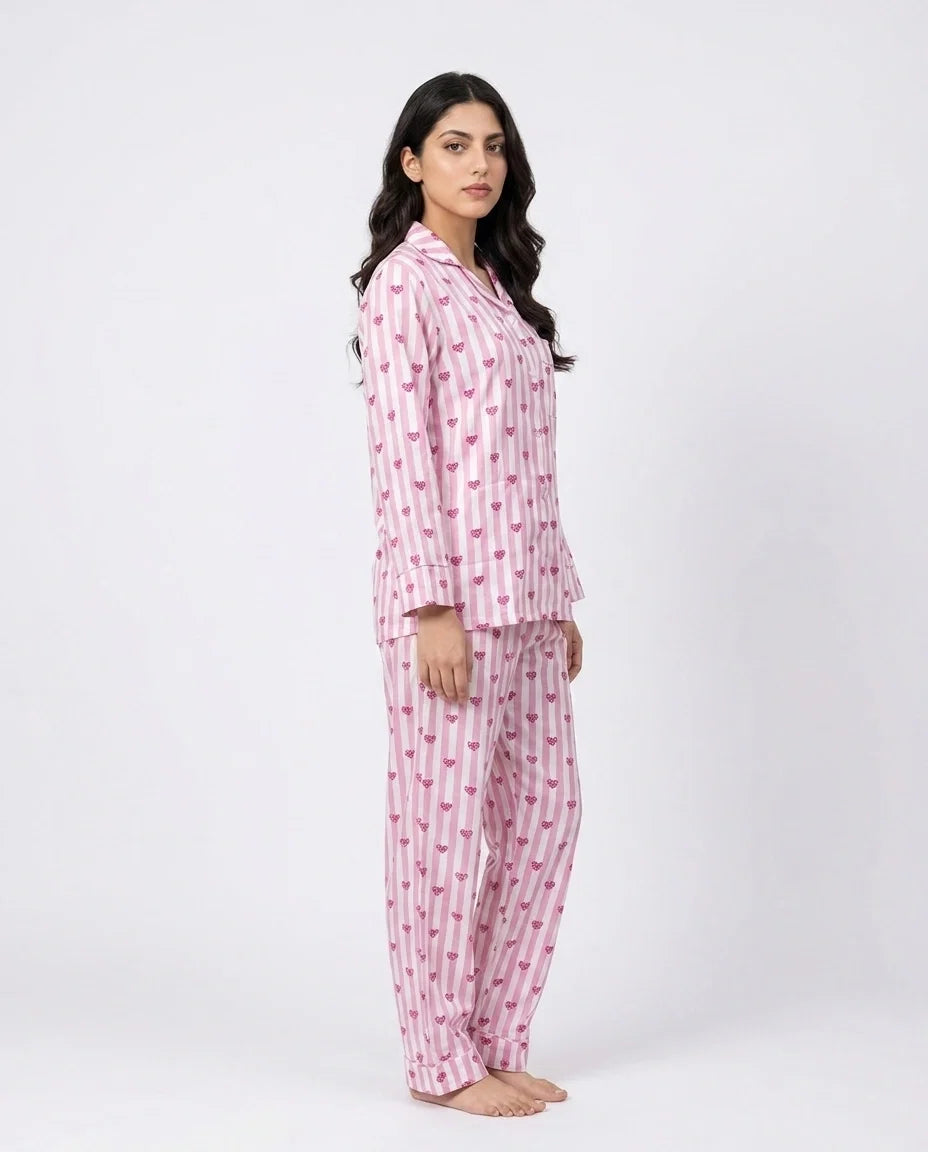 Sajiero Linen Pajama Suit Heart Stripe