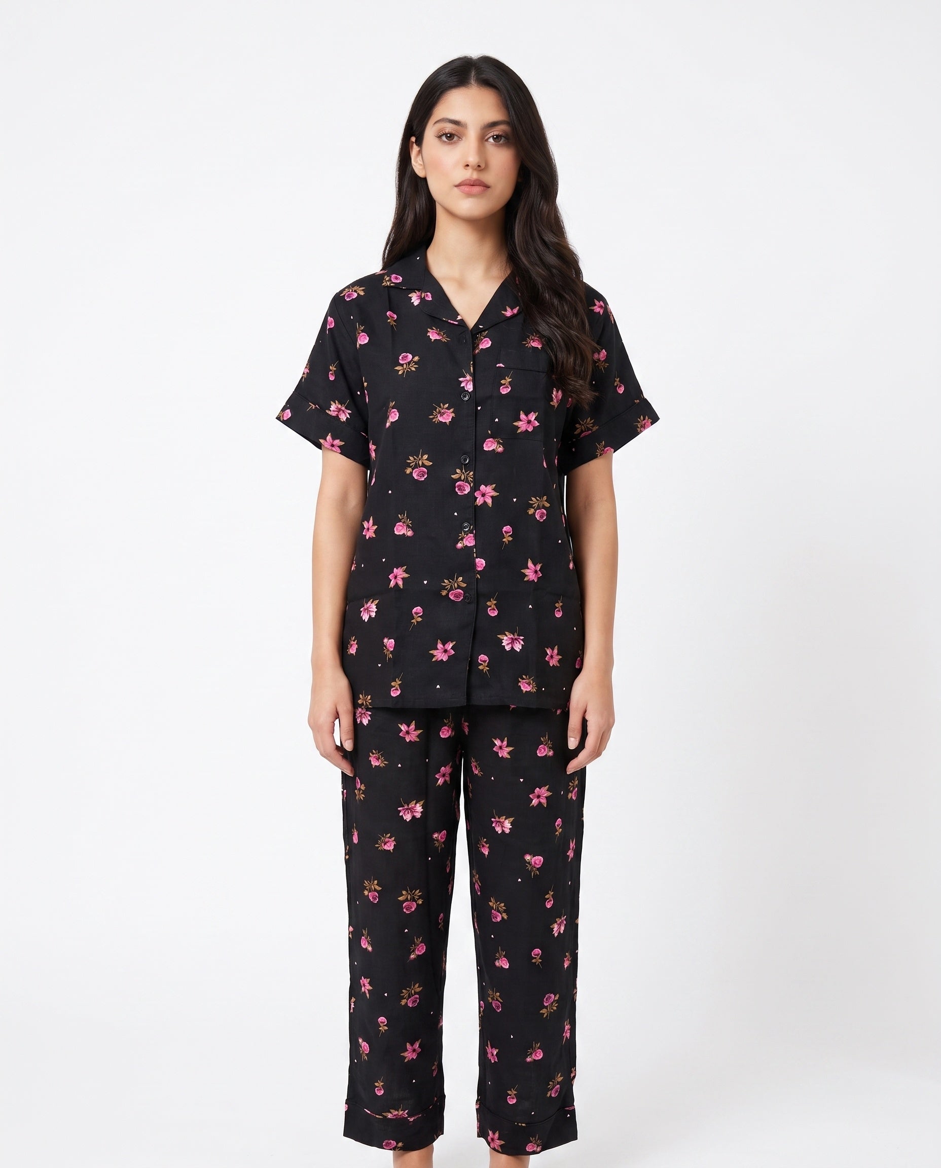 Sajiero Linen Pajama Suit Floral Dusk