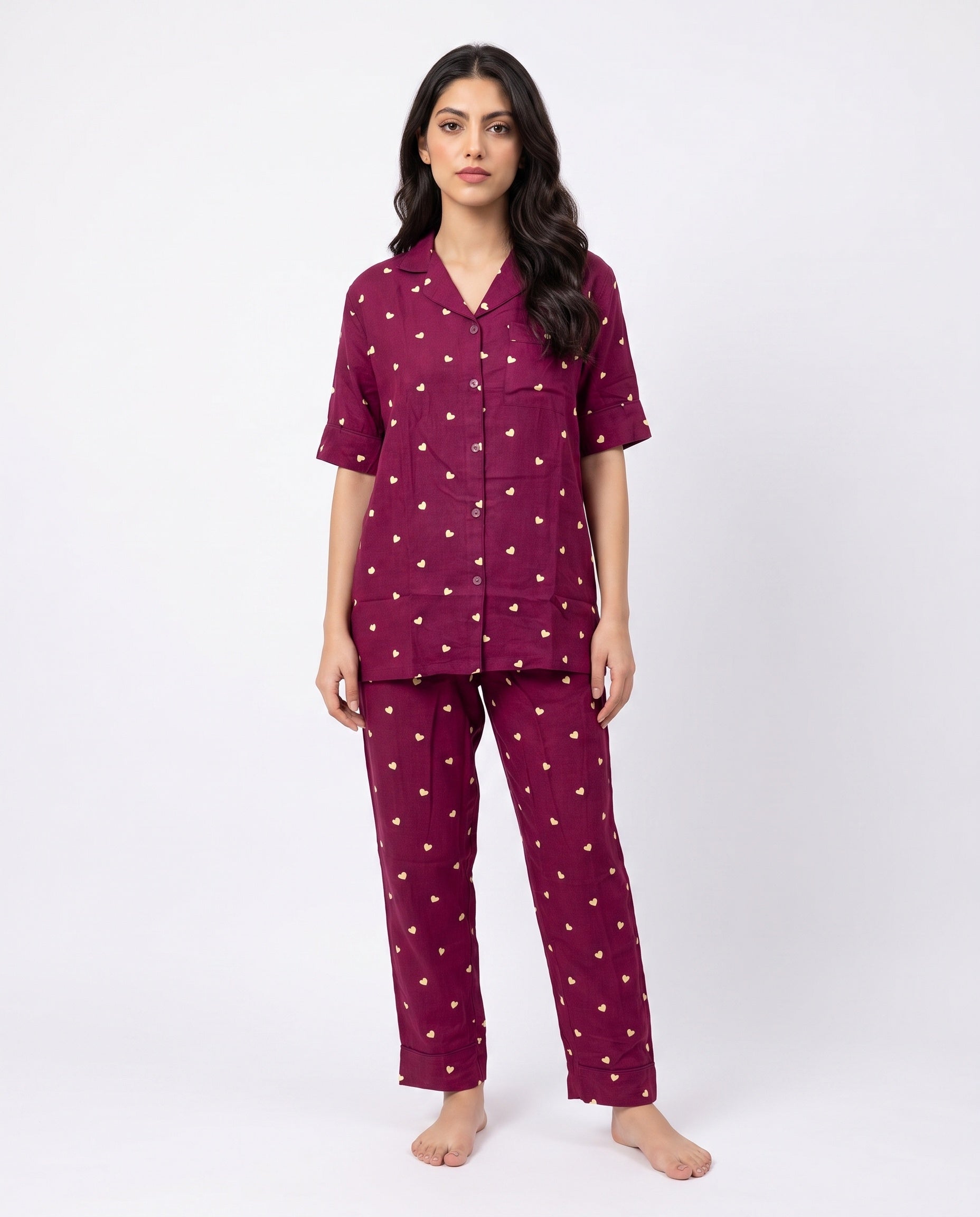 Sajiero Linen Pajama Suit Plum Heart