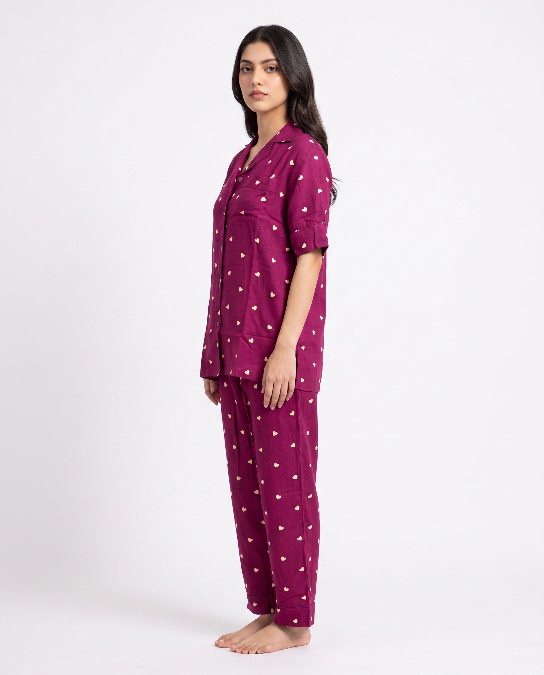 Sajiero Linen Pajama Suit Plum Heart