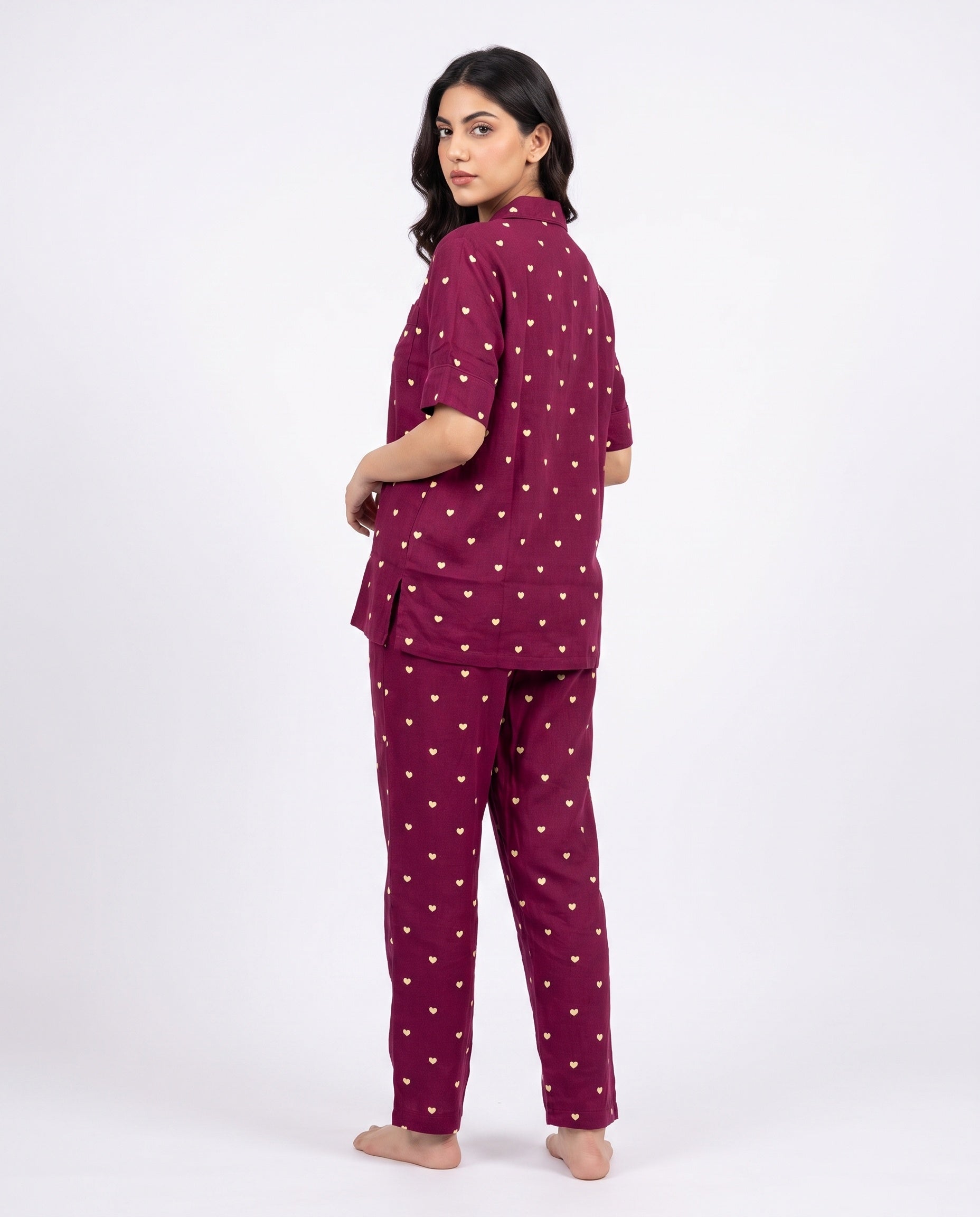 Sajiero Linen Pajama Suit Plum Heart