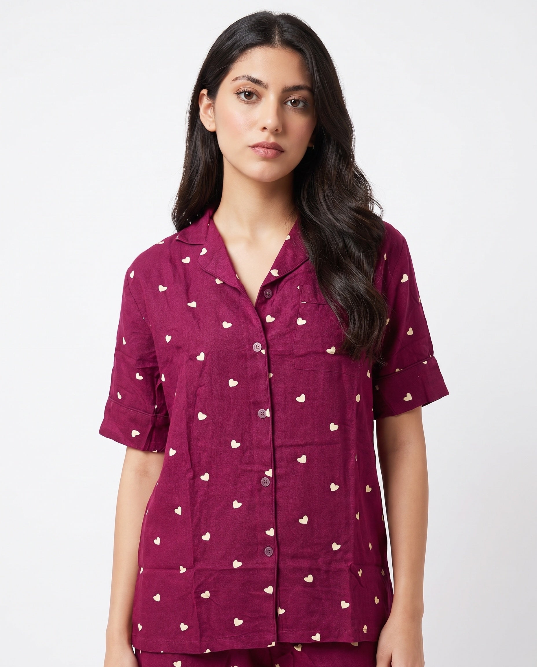 Sajiero Linen Pajama Suit Plum Heart