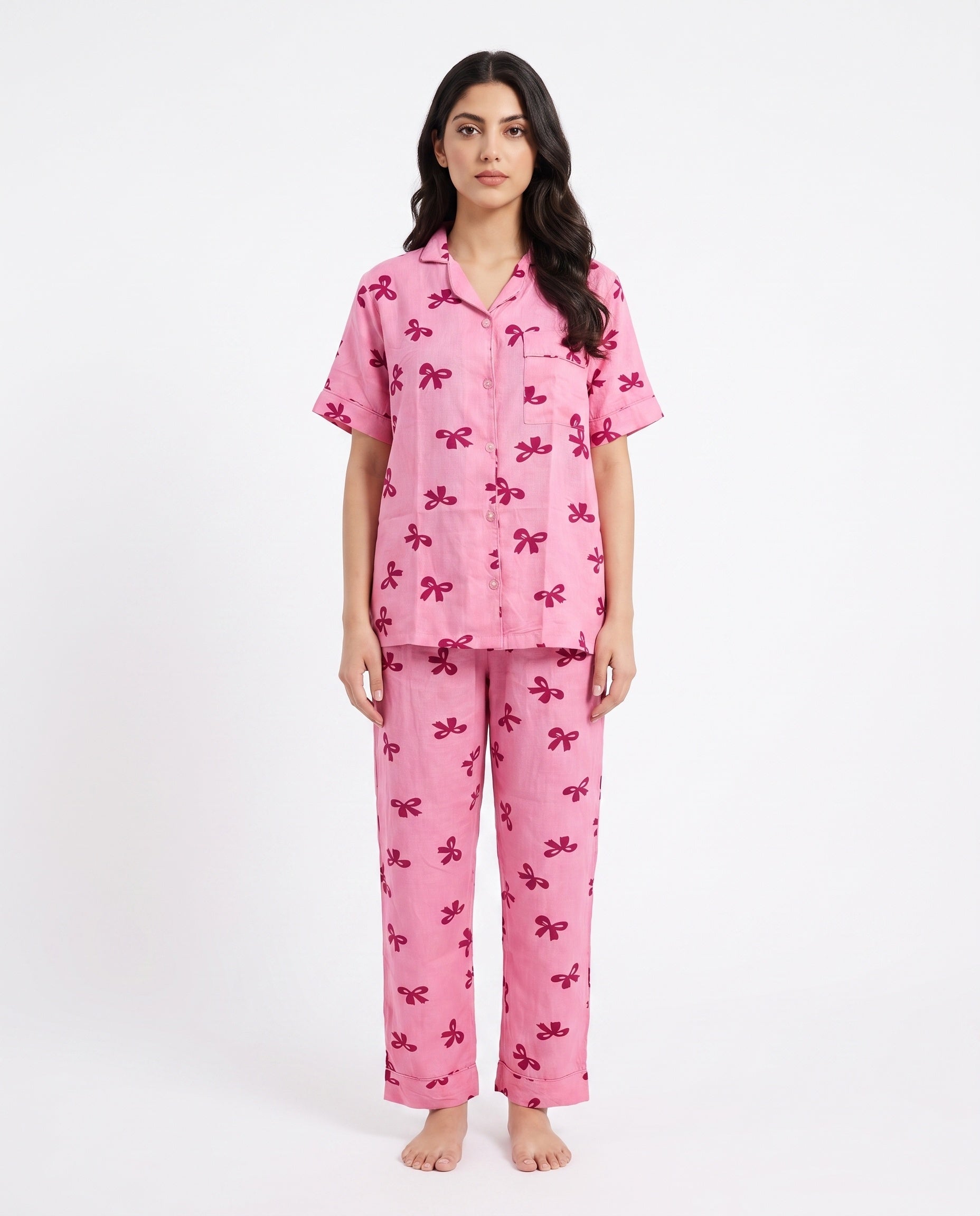 Sajiero Linen Pajama Suit Bow Blush