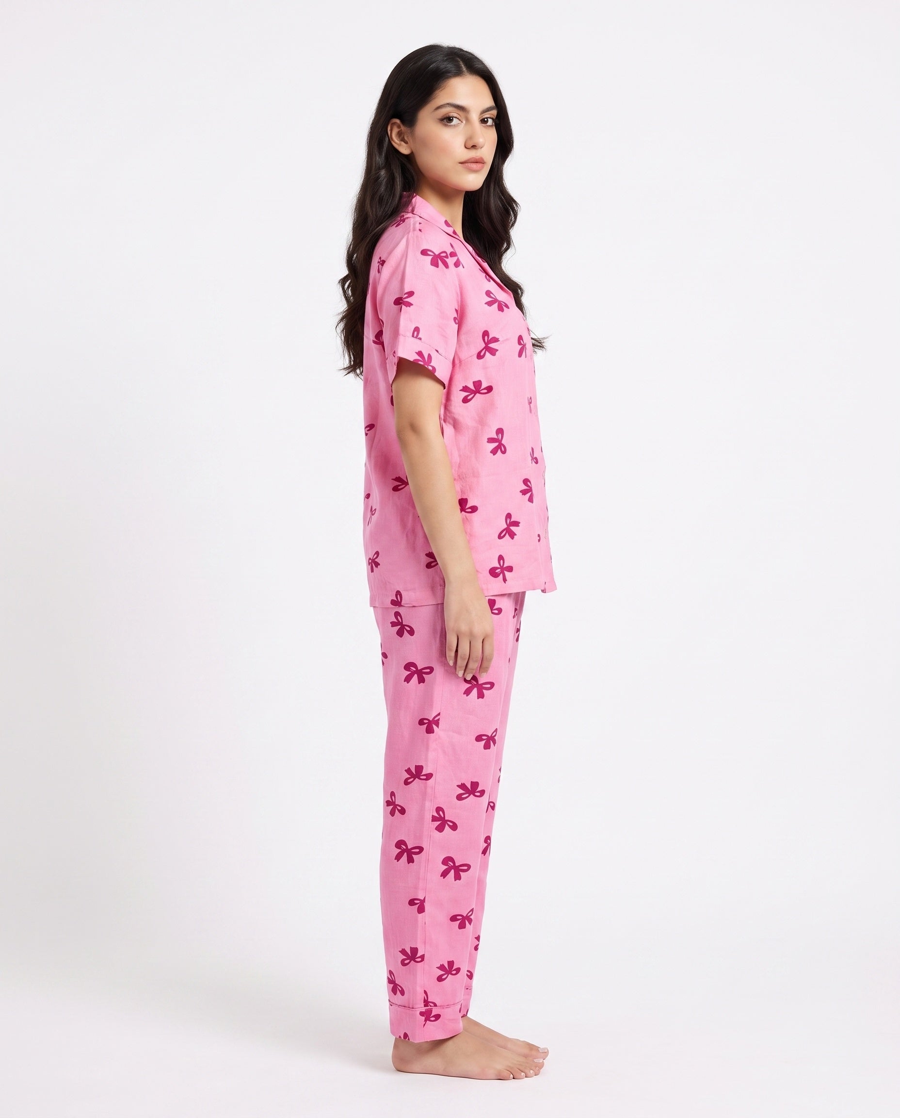 Sajiero Linen Pajama Suit Bow Blush