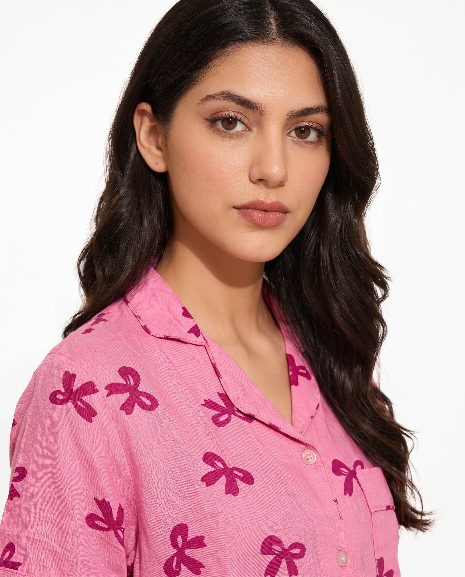 Sajiero Linen Pajama Suit Bow Blush