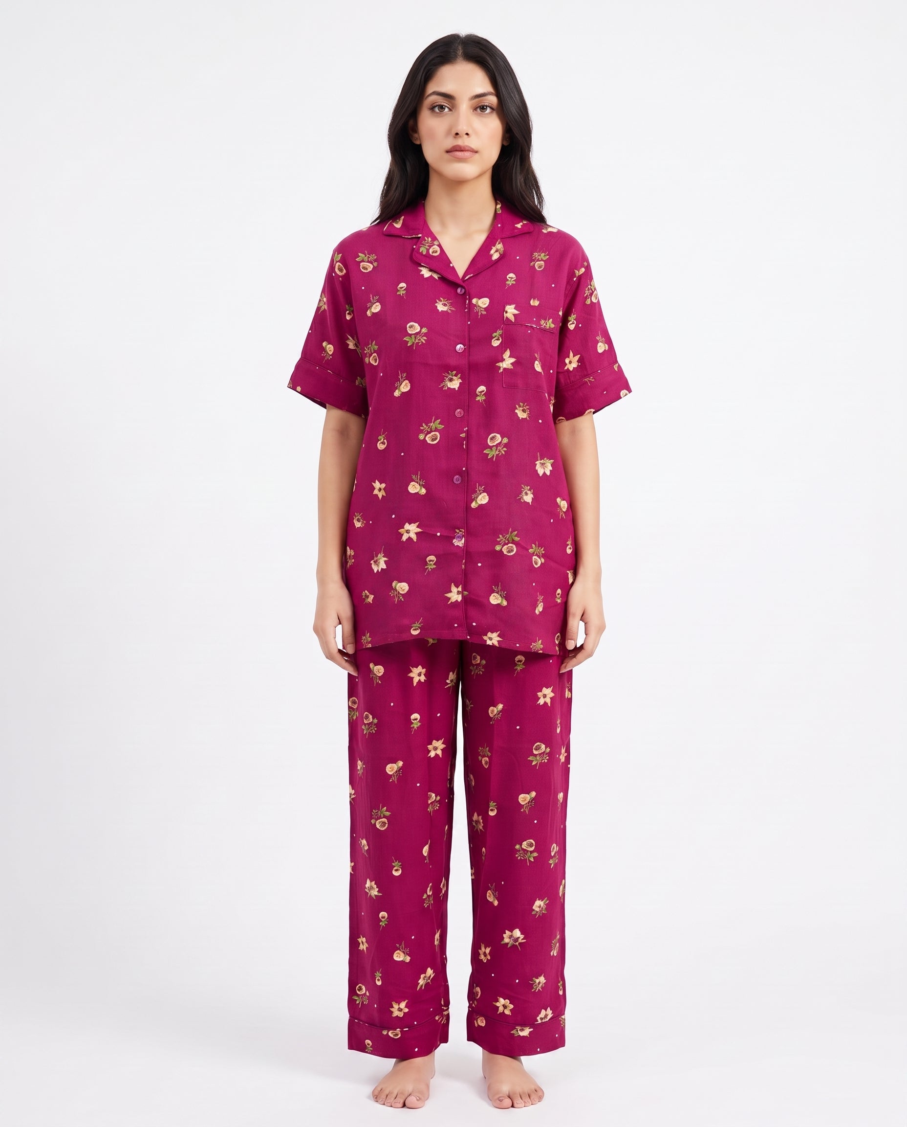 Sajiero Linen Pajama Suit Crimson Flora