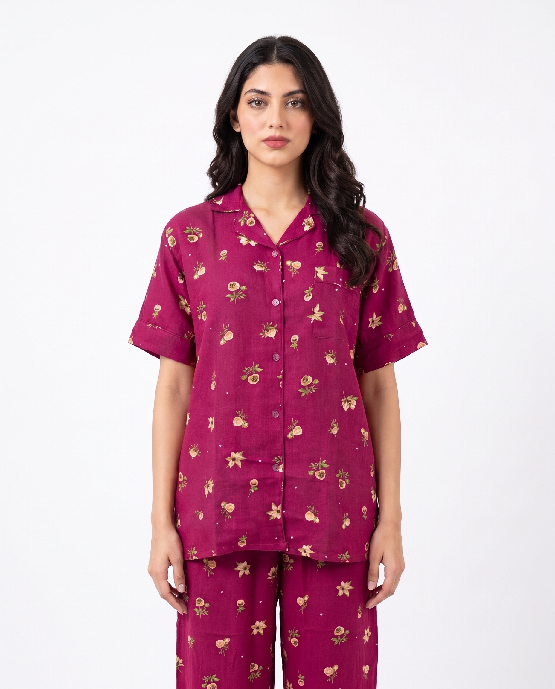 Sajiero Linen Pajama Suit Crimson Flora