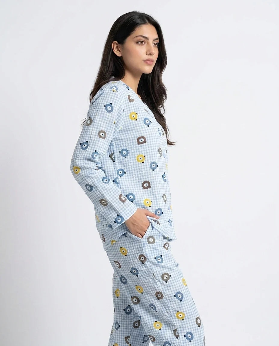 Sajiero Summer Crinkled Pajama Suit Blue Bear