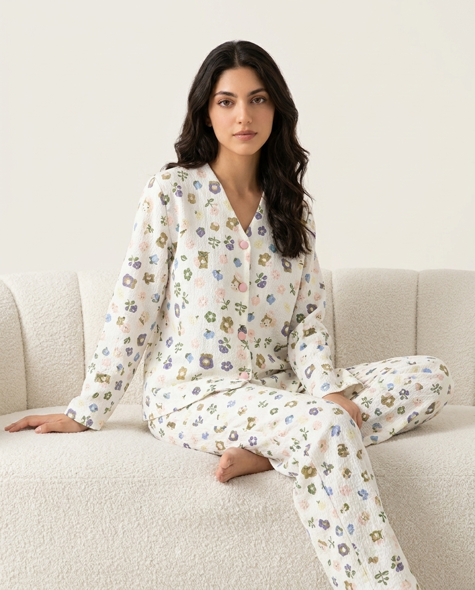 Sajiero Summer Crinkled Pajama Suit Pastel Bloom
