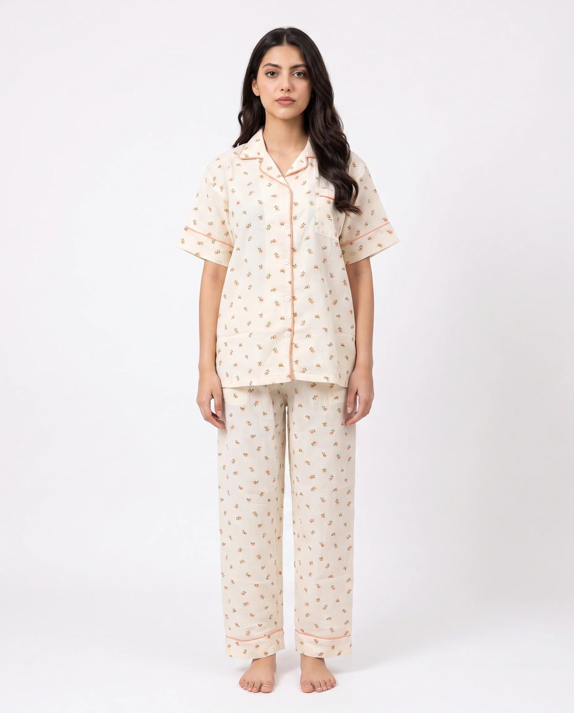 Sajiero Summer Crinkled Pajama Suit Flora Cream