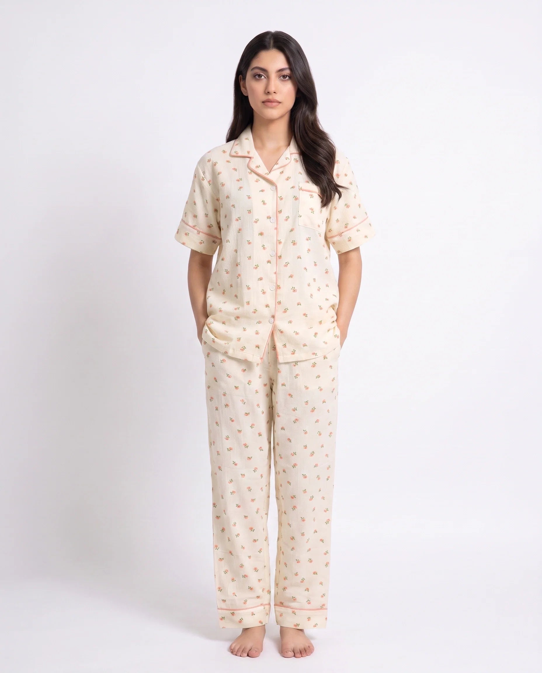 Sajiero Summer Crinkled Pajama Suit Flora Cream