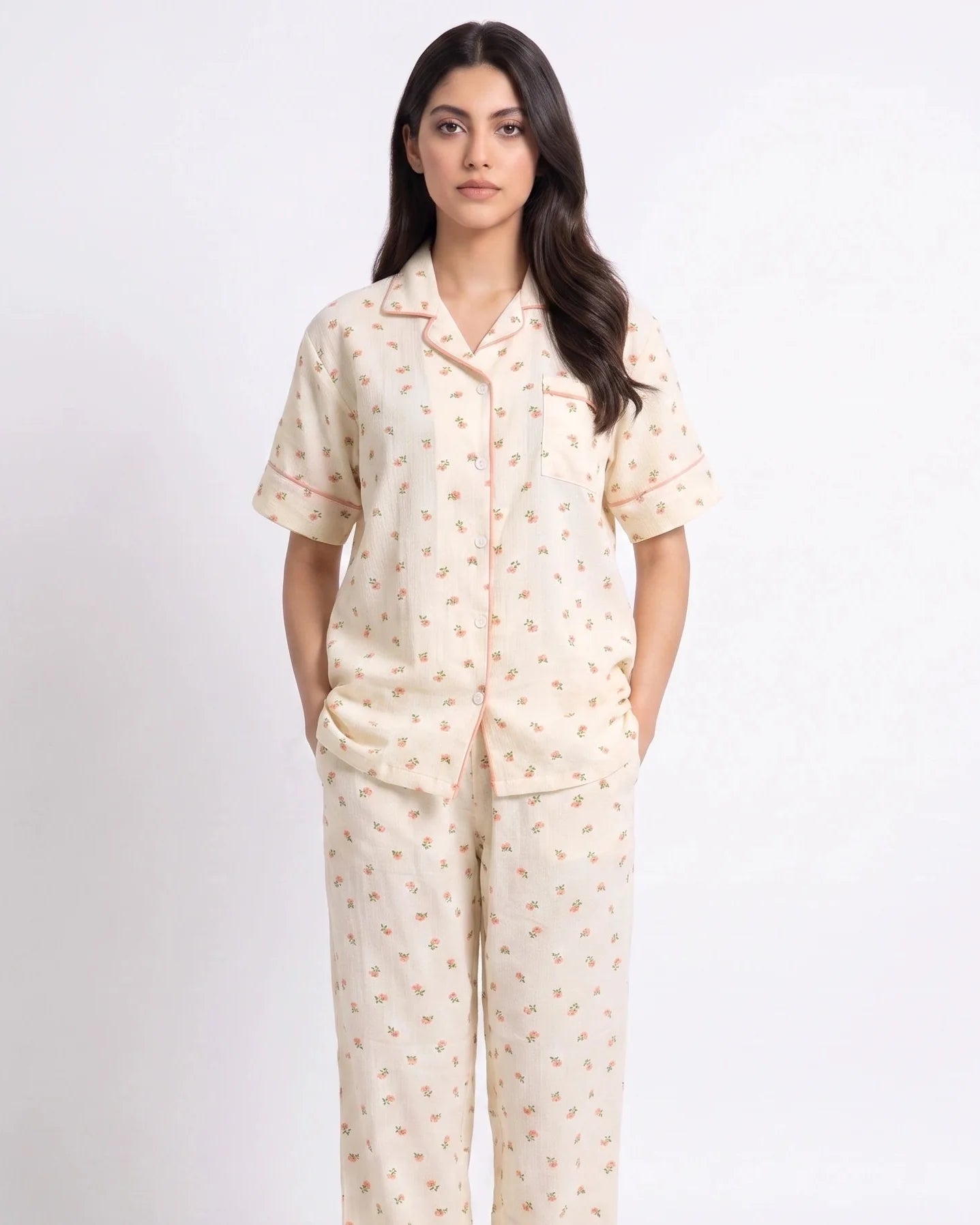 Sajiero Summer Crinkled Pajama Suit Flora Cream