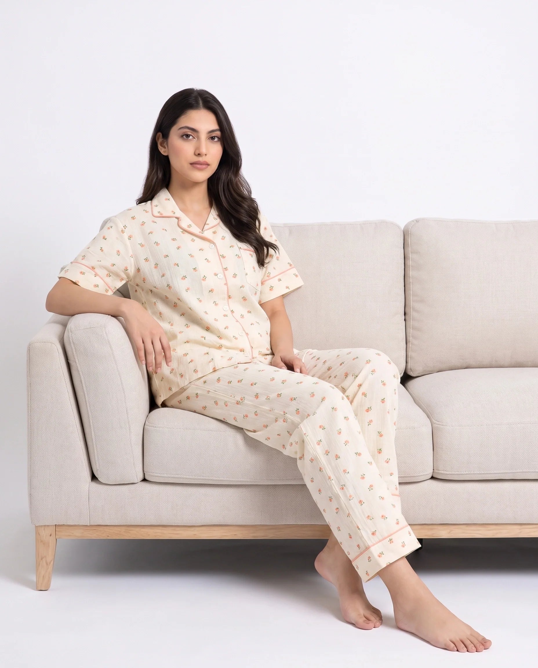 Sajiero Summer Crinkled Pajama Suit Flora Cream