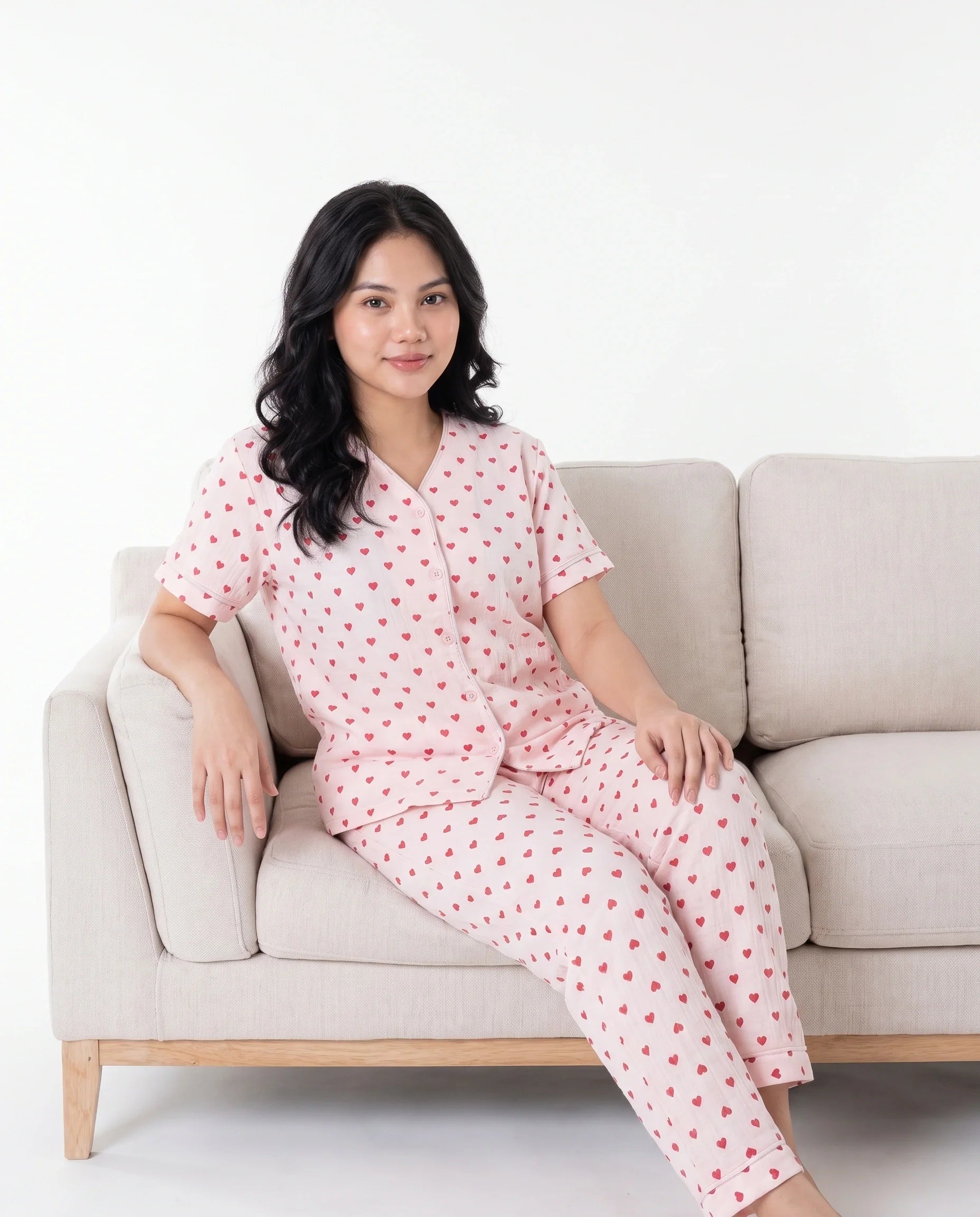 Sajiero Cotton PJ Set Heart Bliss Pink