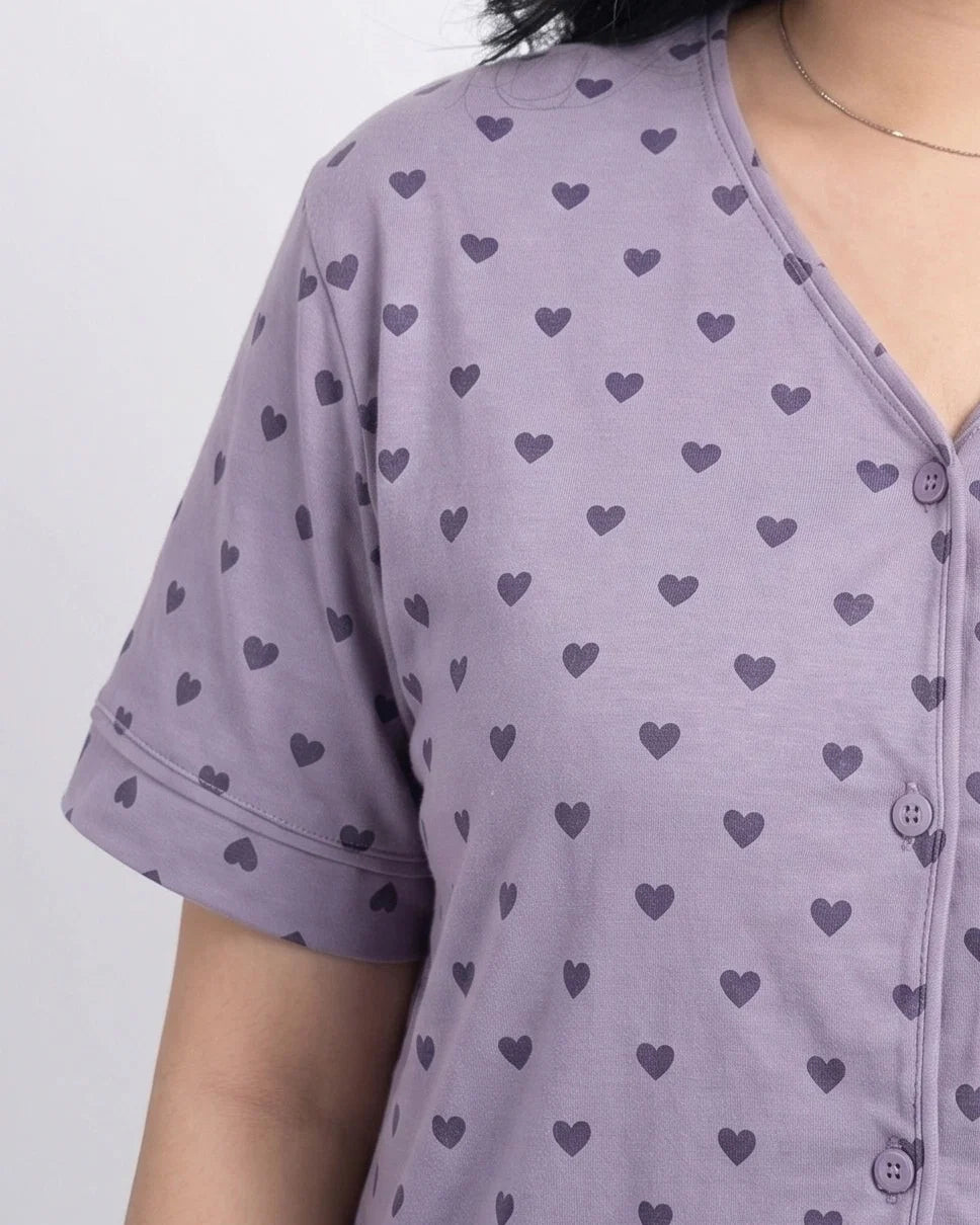 Sajiero Cotton PJ Set Heart Bliss Purple