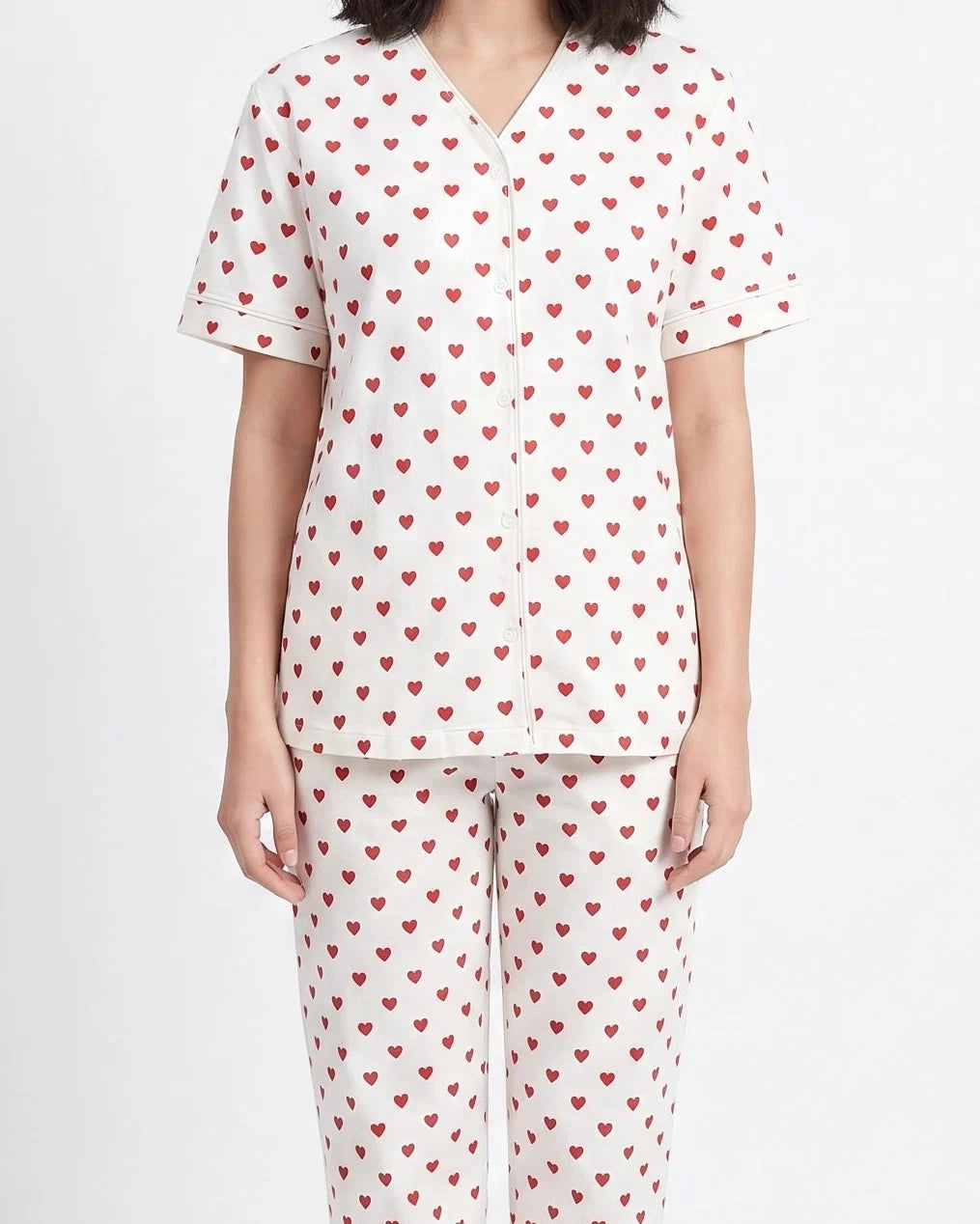 Sajiero Cotton PJ Set Heart Bliss White