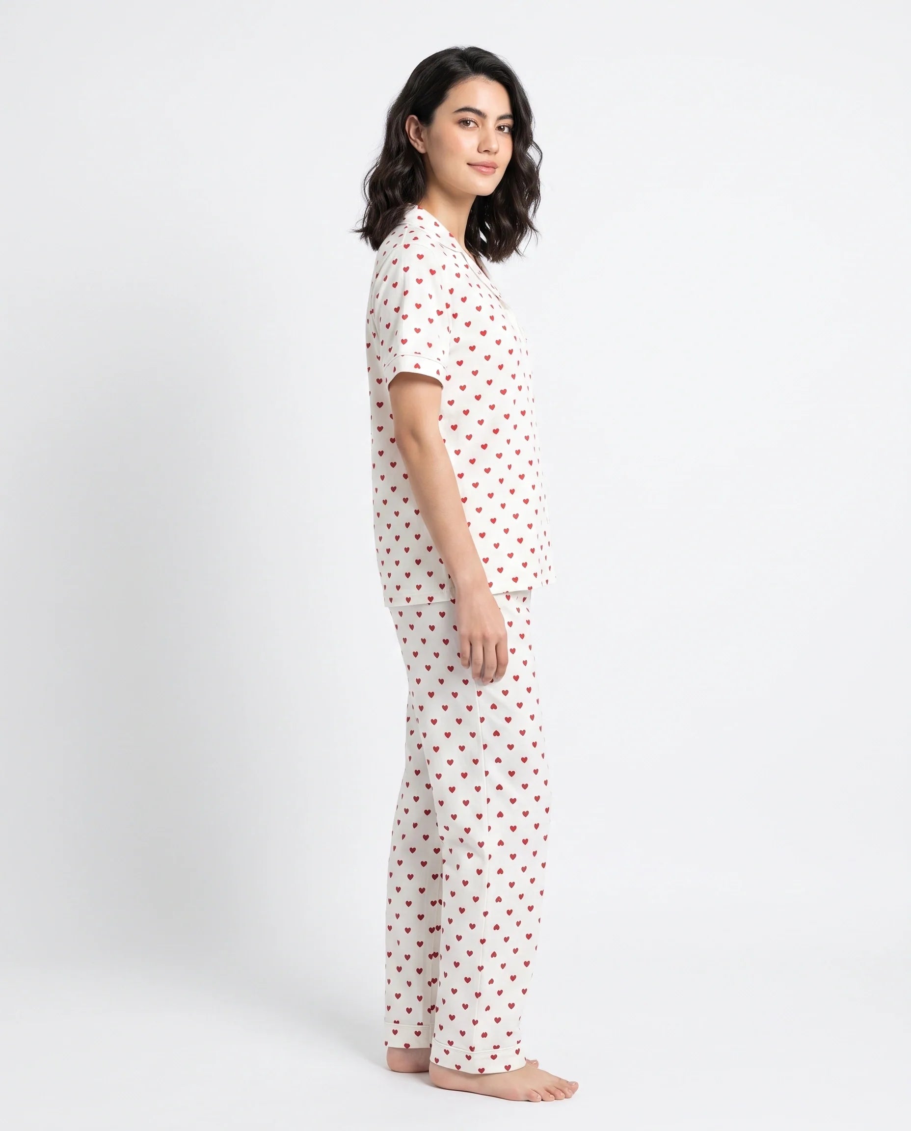 Sajiero Cotton PJ Set Heart Bliss White