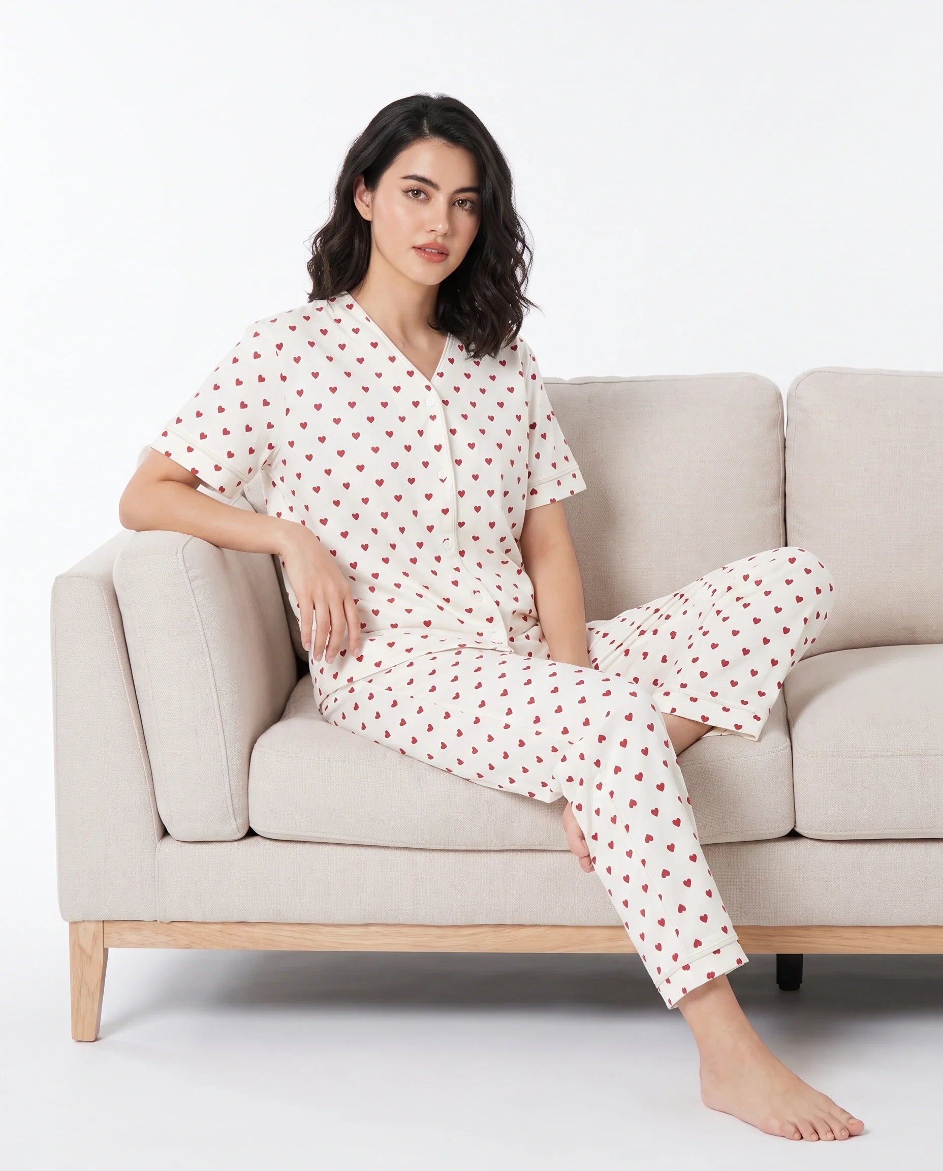 Sajiero Cotton PJ Set Heart Bliss White
