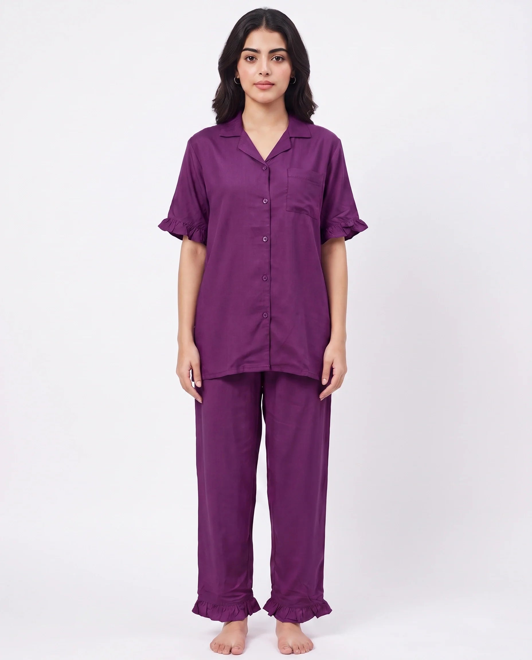 Sajiero Half Sleeves PJ Set Linen Comfort Purple