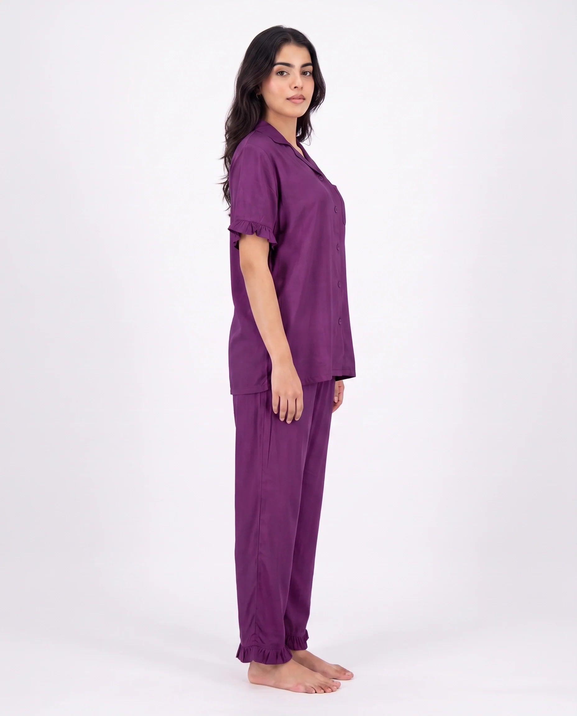 Sajiero Half Sleeves PJ Set Linen Comfort Purple