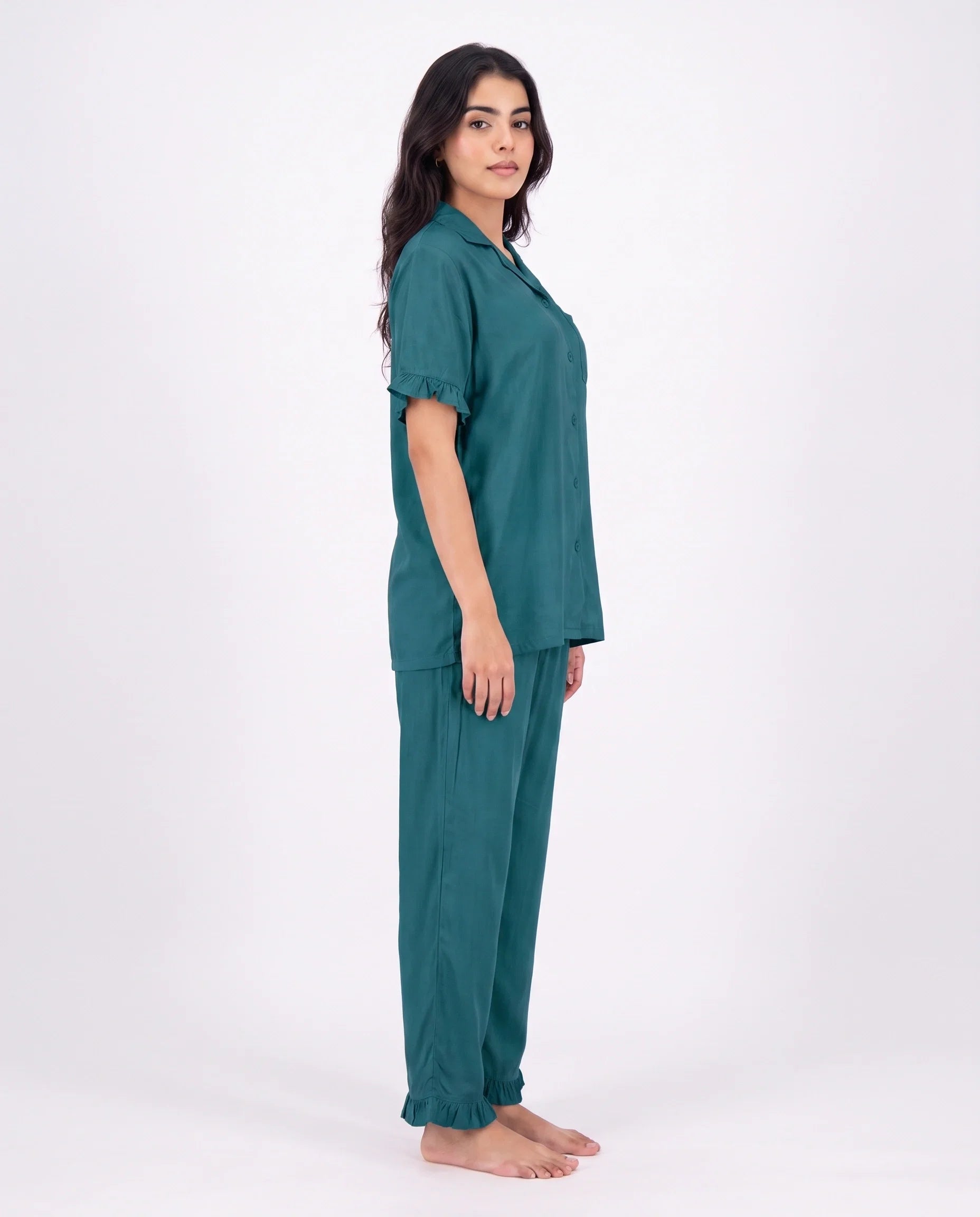 Sajiero Half Sleeves PJ Set Linen Comfort Sea Green