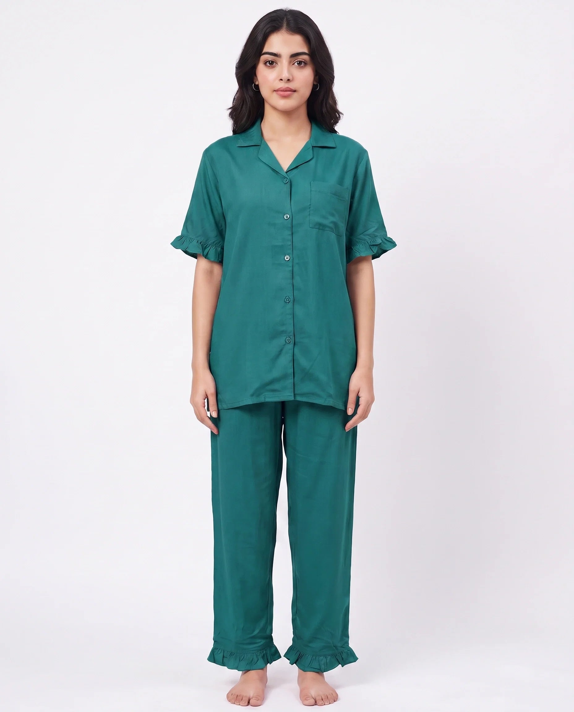 Sajiero Half Sleeves PJ Set Linen Comfort Sea Green
