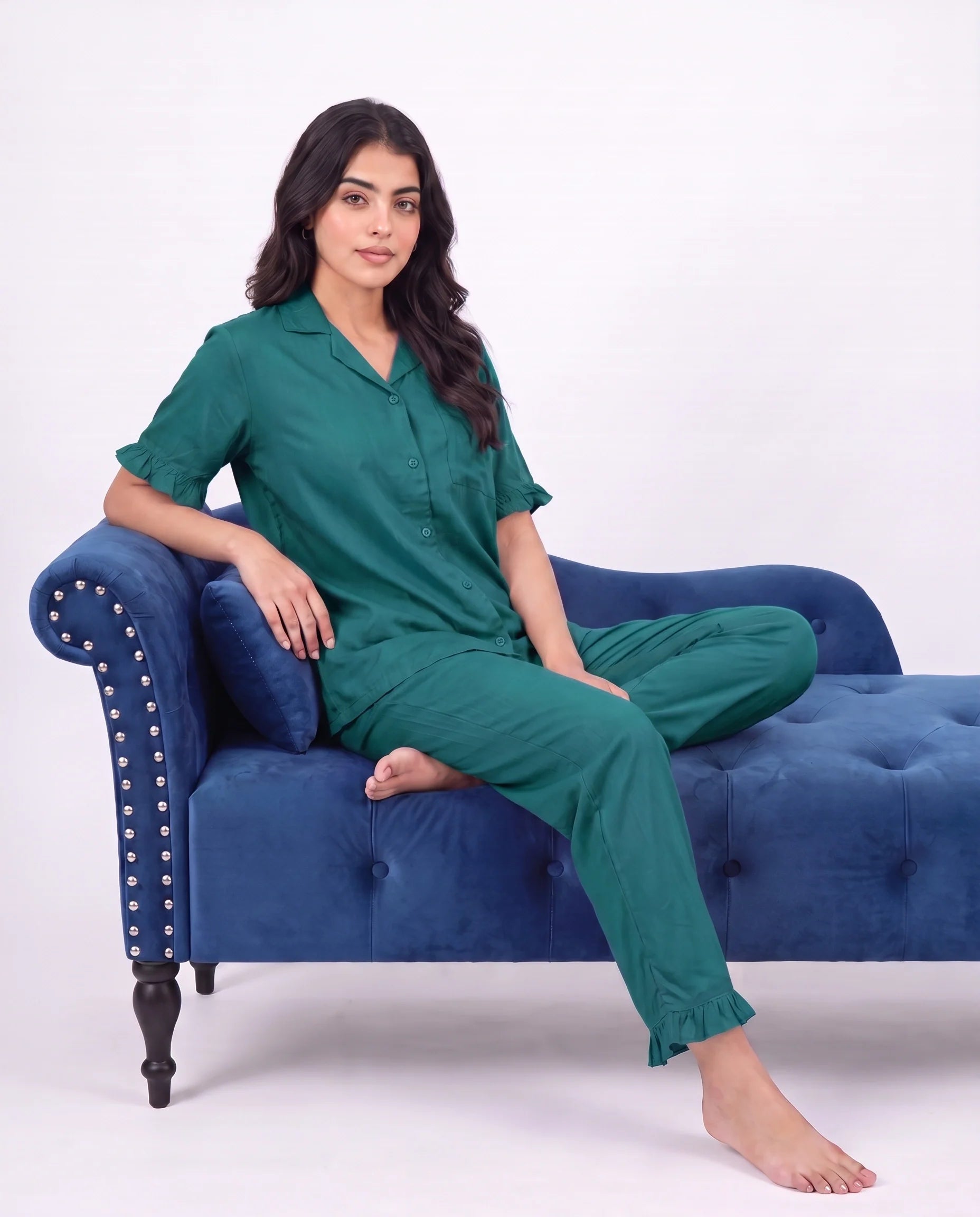 Sajiero Half Sleeves PJ Set Linen Comfort Sea Green