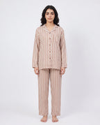 Sajiero Linen PJ Set Mocha Stripes