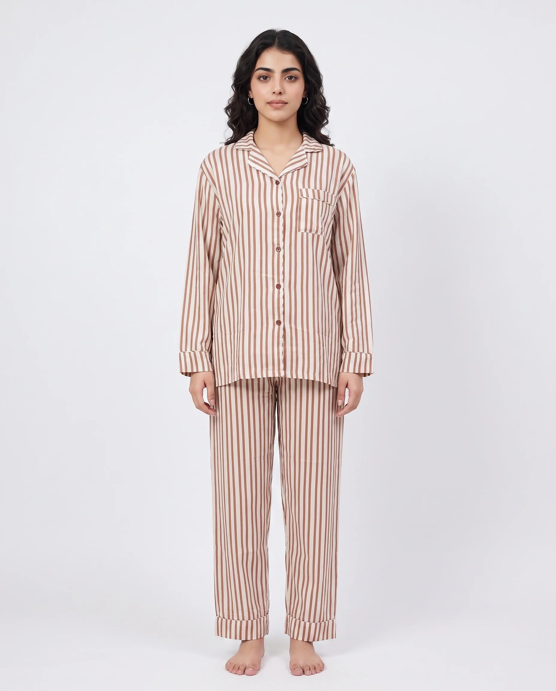 Sajiero Linen PJ Set Mocha Stripes