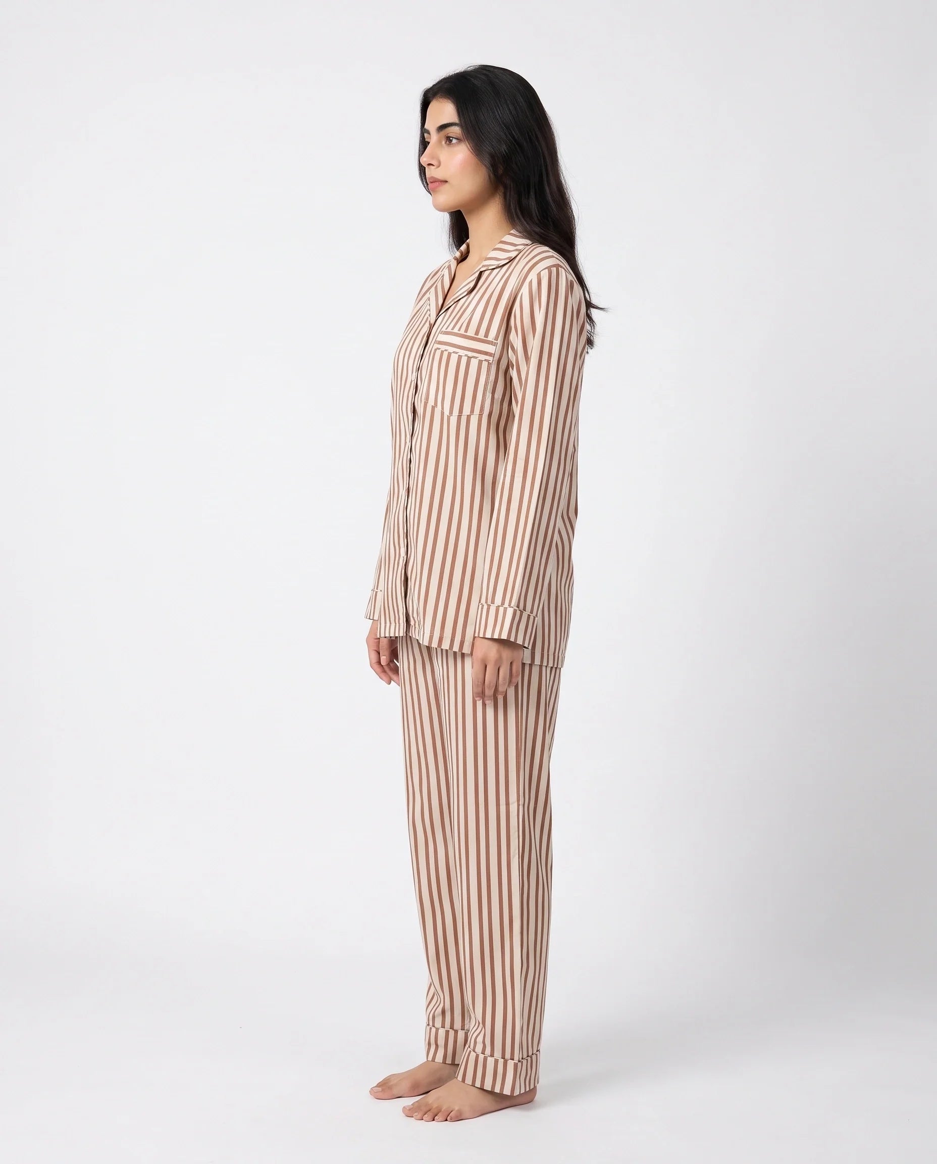 Sajiero Linen PJ Set Mocha Stripes