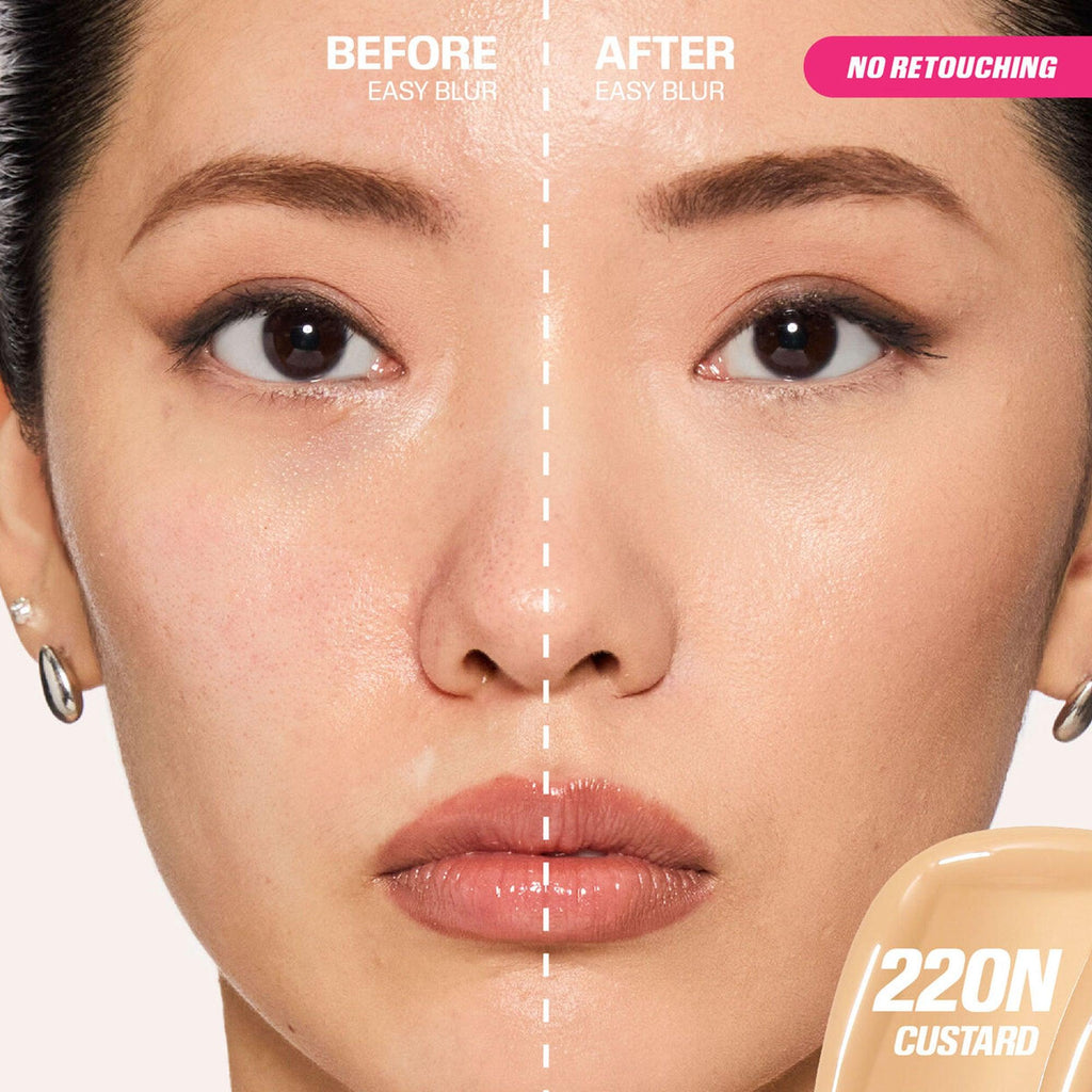 Huda Beauty Easy Blur Natural Airbrush Foundation 220N Custard 30ml before and after