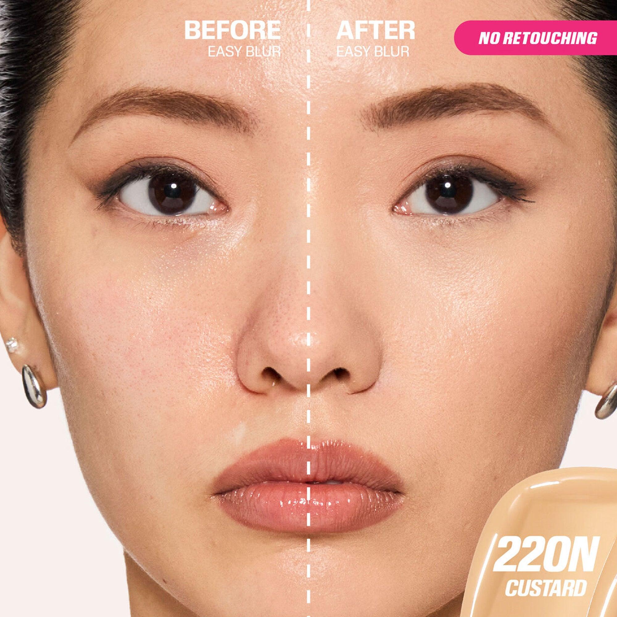 Huda Beauty Easy Blur Natural Airbrush Foundation 220N Custard 30ml before and after