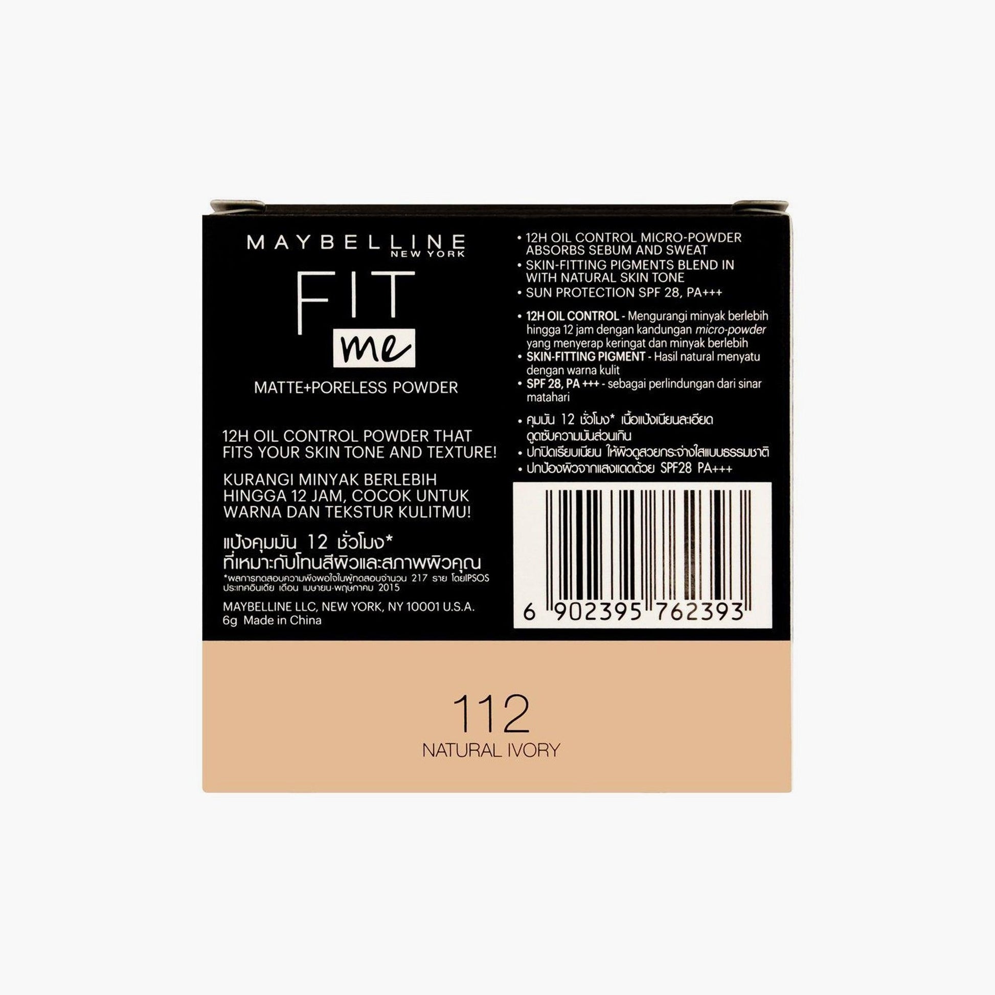 Maybelline New York Fit Me Matte+Poreless Powder 12H SPF28 PA+++ Oil Control 112 Natural Ivory 6gm - TheSkinFit