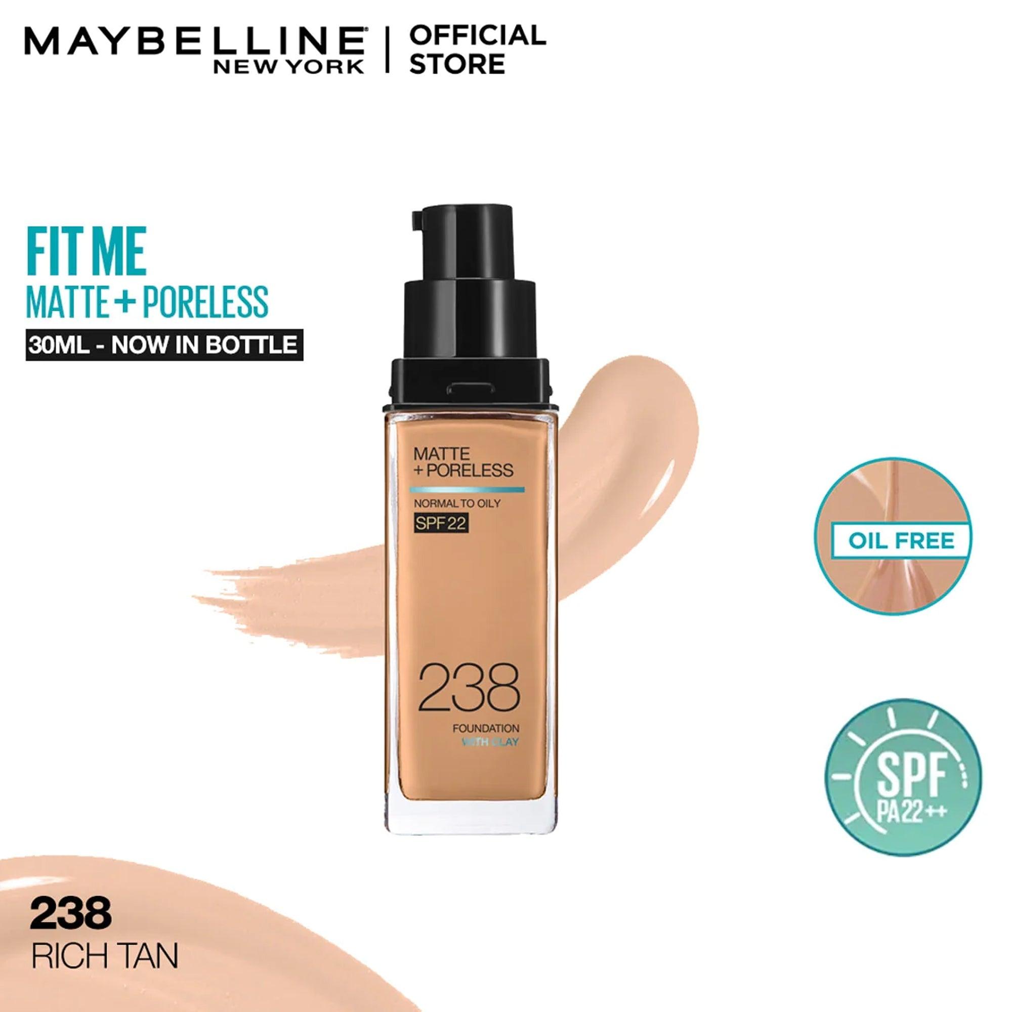 Maybelline New York Fit Me Matte+Poreless Liquid Foundation With Clay Normal to Oily SPF 22 238 Rich Tan 30ml - TheSkinFit