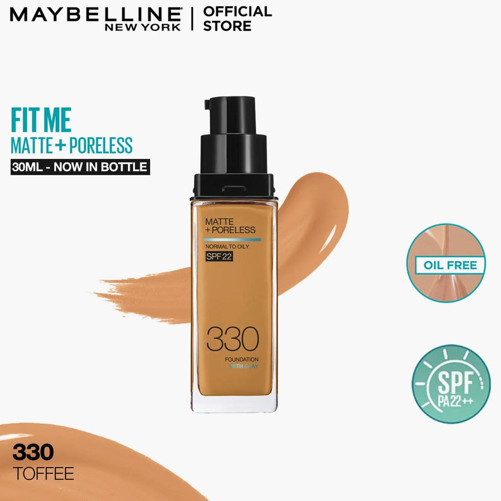 Maybelline New York Fit Me Matte+Poreless Liquid Foundation With Clay Normal to Oily SPF 22 330 Toffee 30ml - TheSkinFit